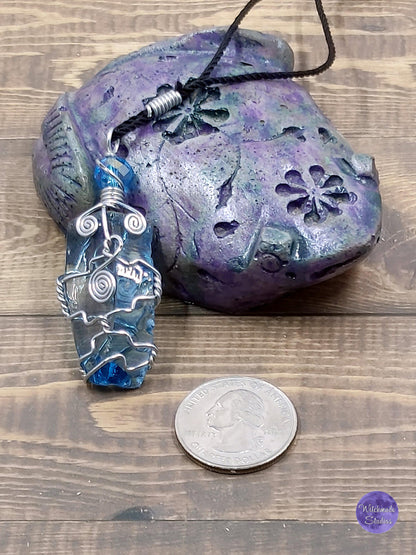 Aqua Blue Glass Wire Wrap Necklace, Copper Metaphysical Jewelry JN75