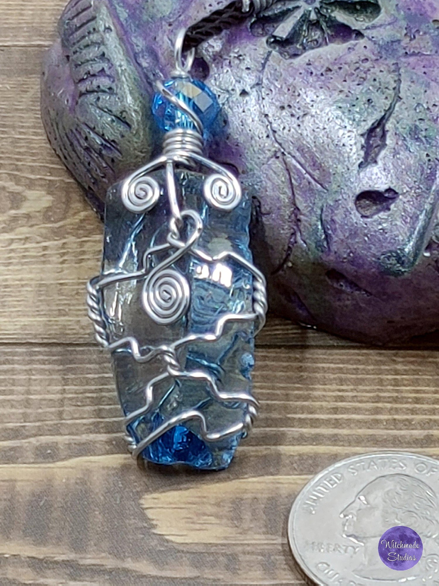 Aqua Blue Glass Wire Wrap Necklace, Copper Metaphysical Jewelry JN75