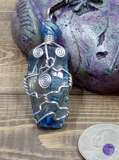 Aqua Blue Glass Wire Wrap Necklace, Copper Metaphysical Jewelry JN75