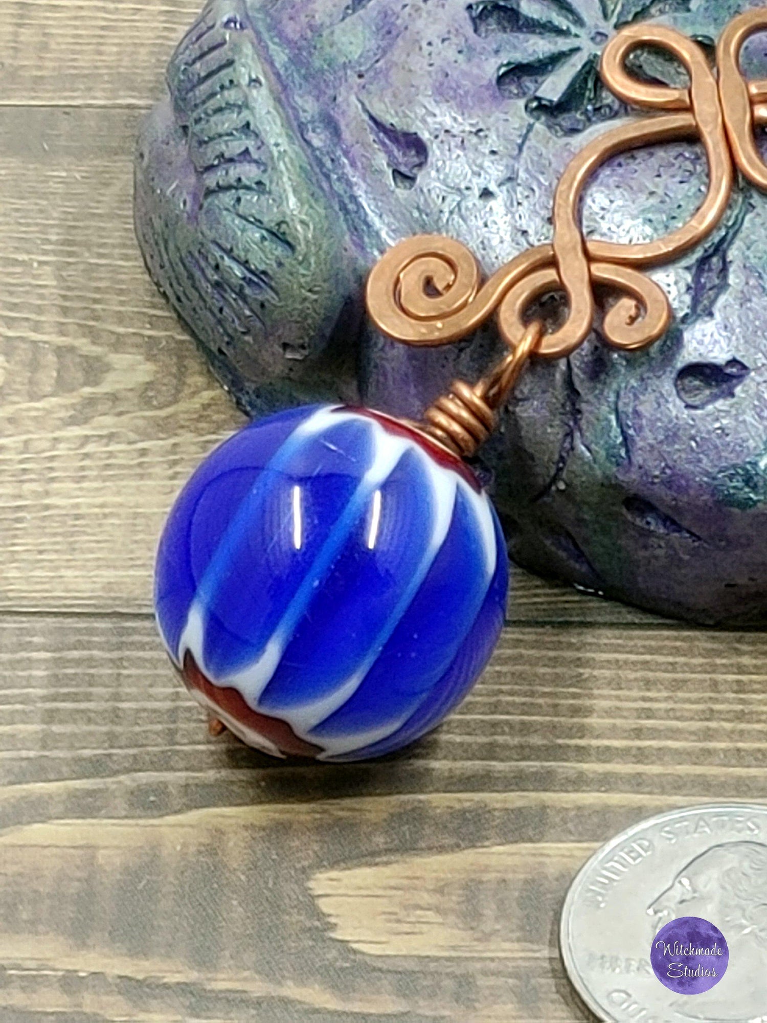Blue Glass Ball Wire Wrap Necklace, Copper Metaphysical Jewelry JN78