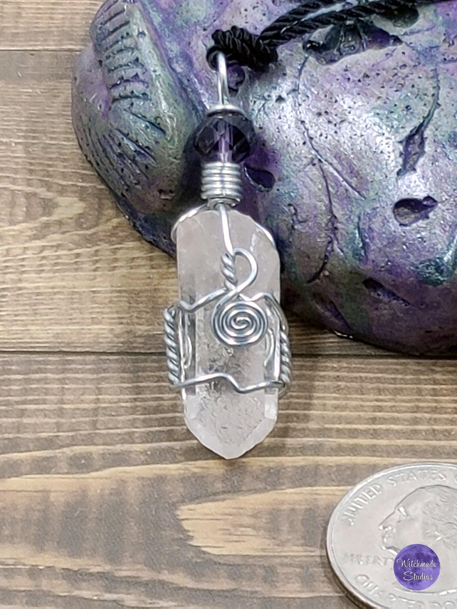 Clear Quartz Wire Wrap Crystal Necklace, Copper Metaphysical JewelryJN79