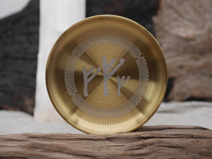 Gold Tone Fehu Rune Altar Bowl – Abundance Spell Offering Plate