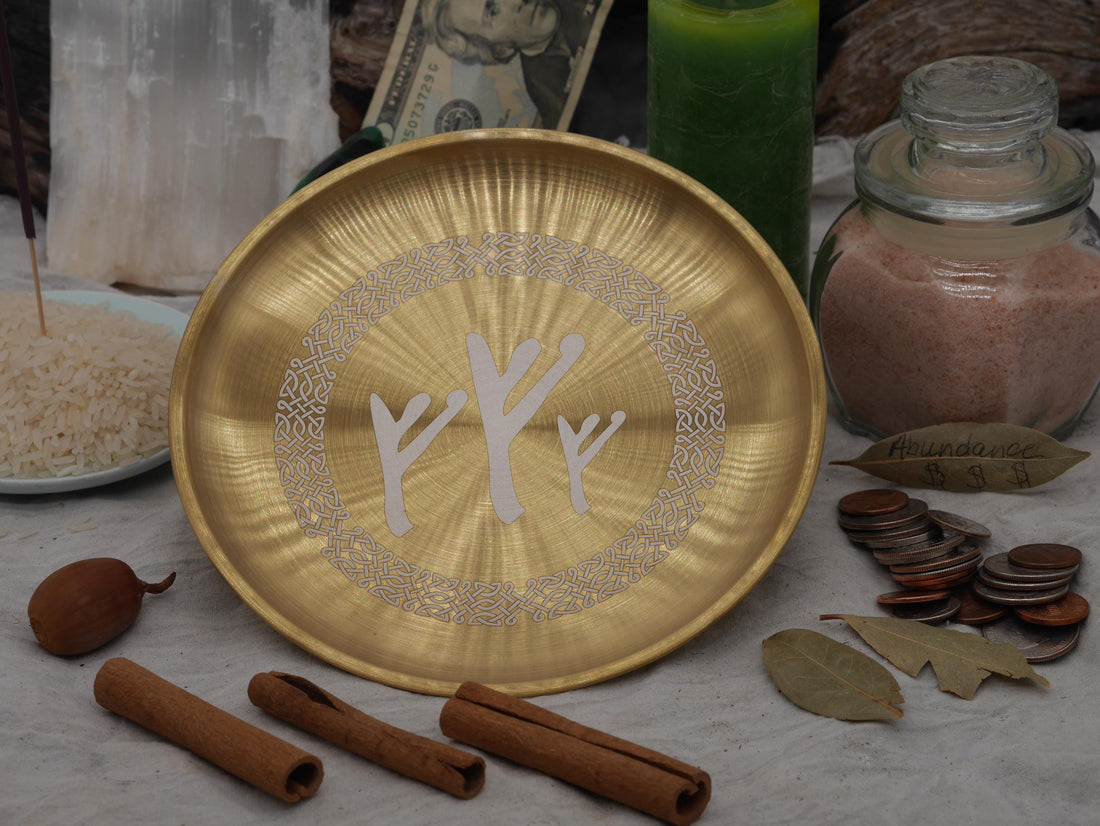 Gold Tone Fehu Rune Altar Bowl – Abundance Spell Offering Plate