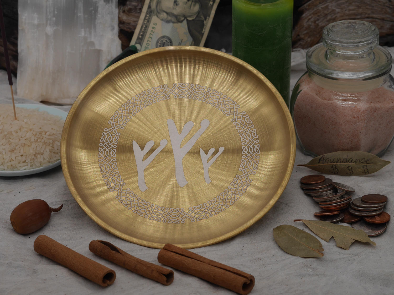 Gold Tone Fehu Rune Altar Bowl – Abundance Spell Offering Plate