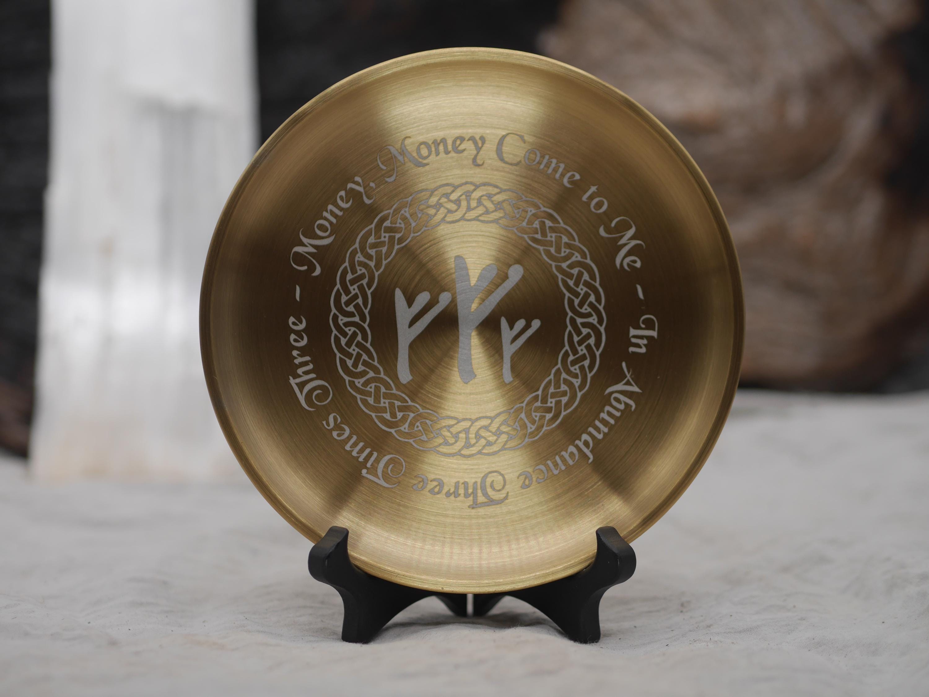 Gold Tone Abundance Altar Tray: Fehu Rune, Celtic Border, Stainless Steel