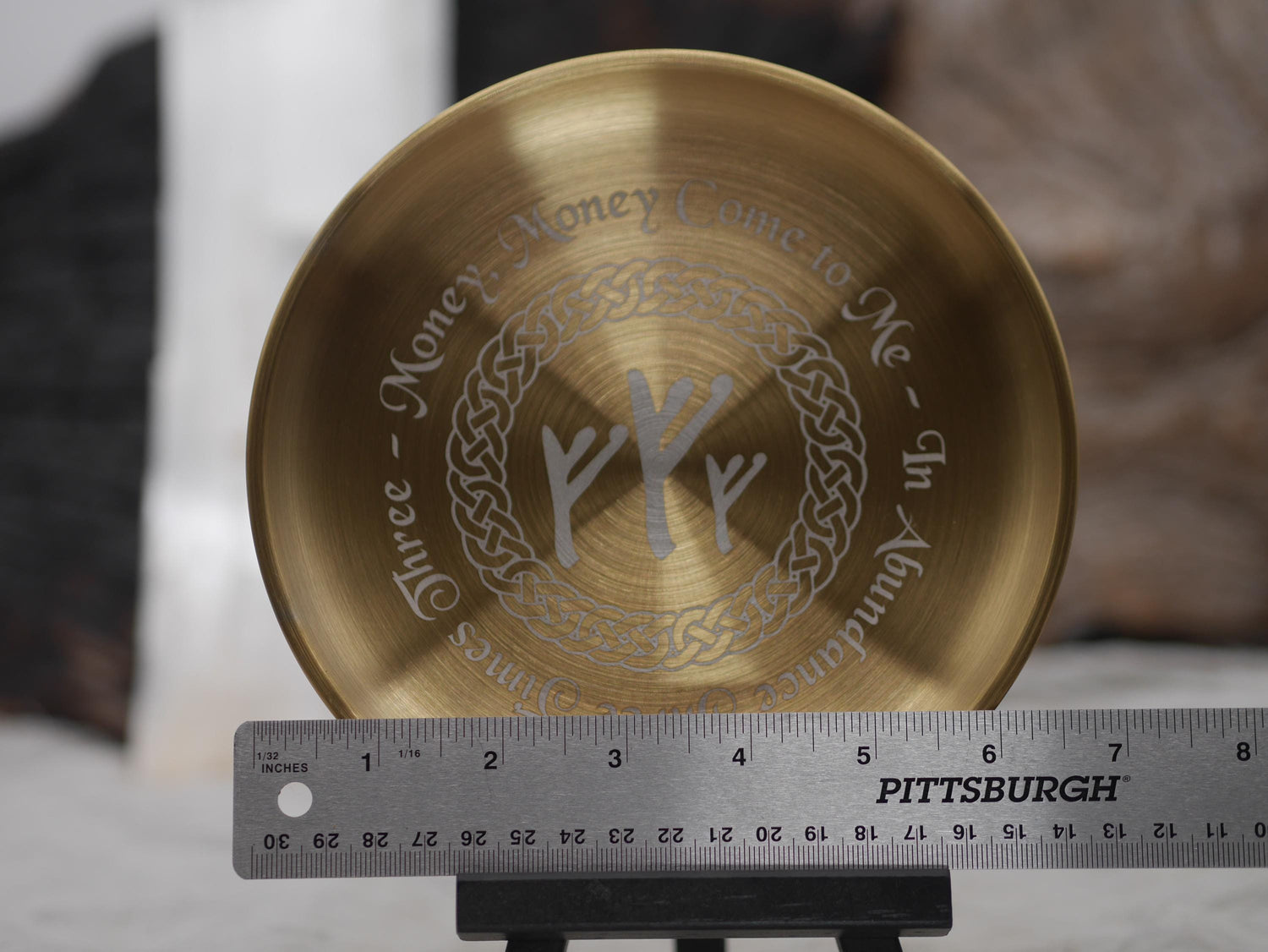Gold Tone Abundance Altar Tray: Fehu Rune, Celtic Border, Stainless Steel