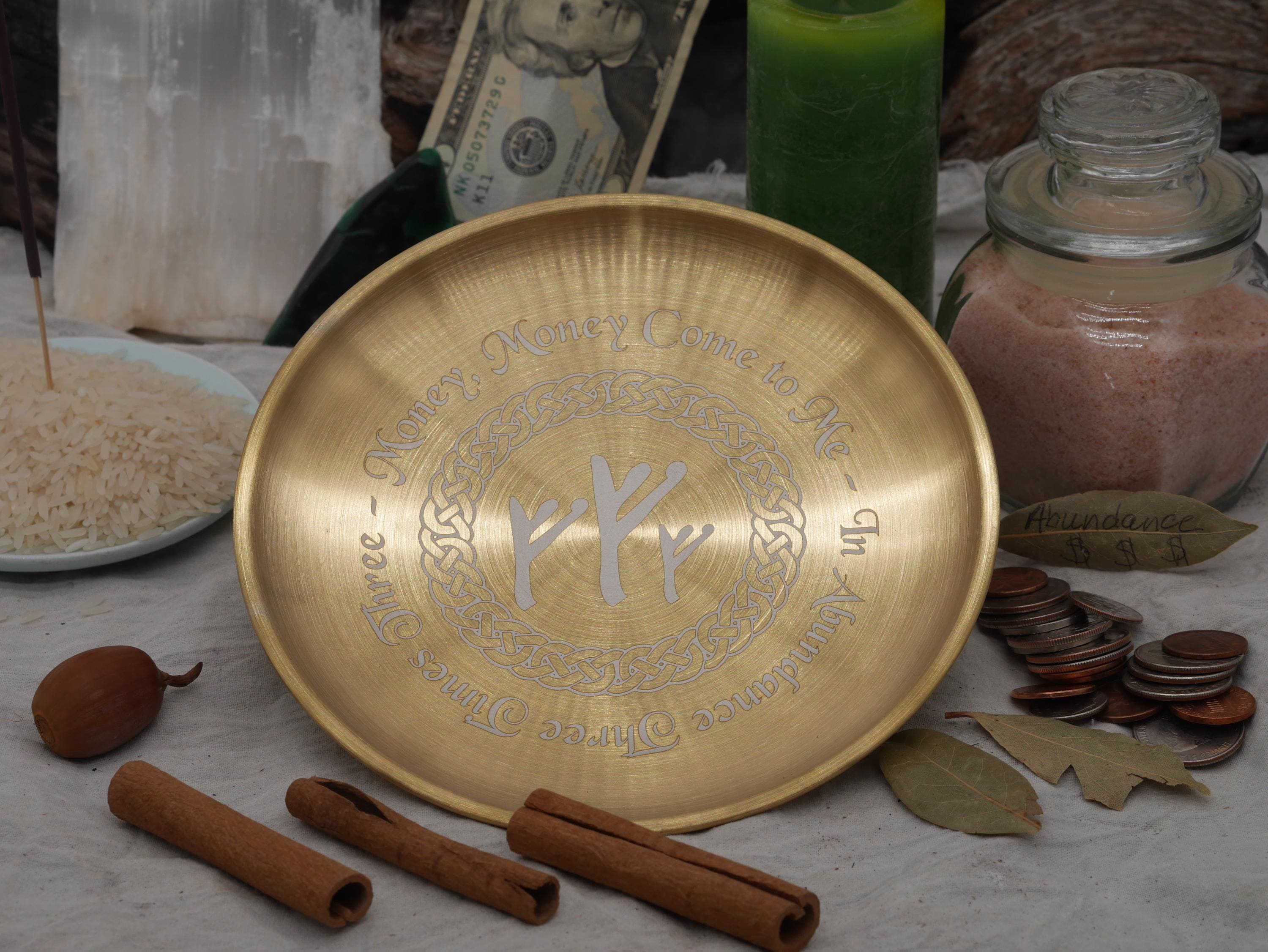 Gold Tone Abundance Altar Tray: Fehu Rune, Celtic Border, Stainless Steel