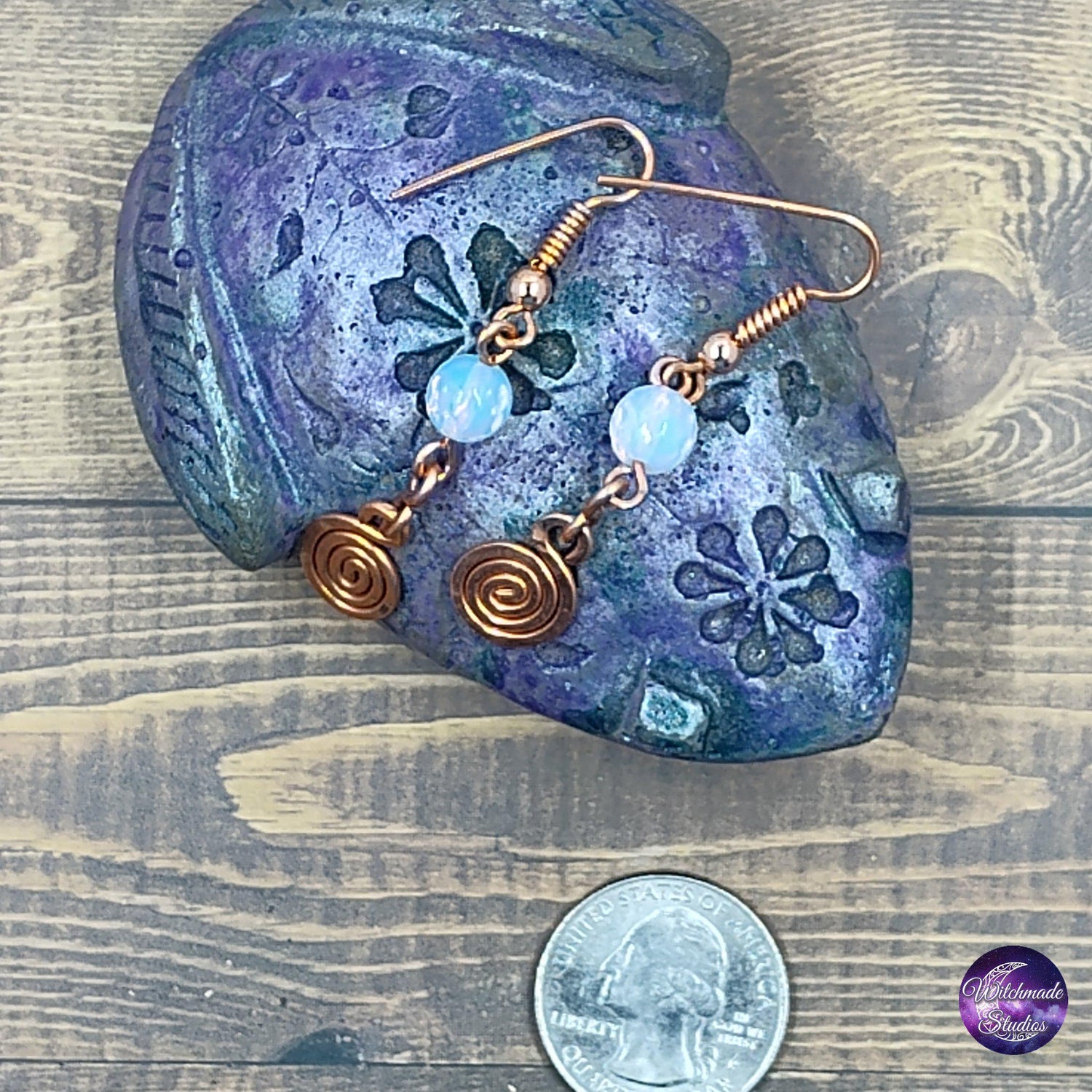Opalite Wire Wrap Crystal Earrings, Copper Metaphysical Jewelry  JE232