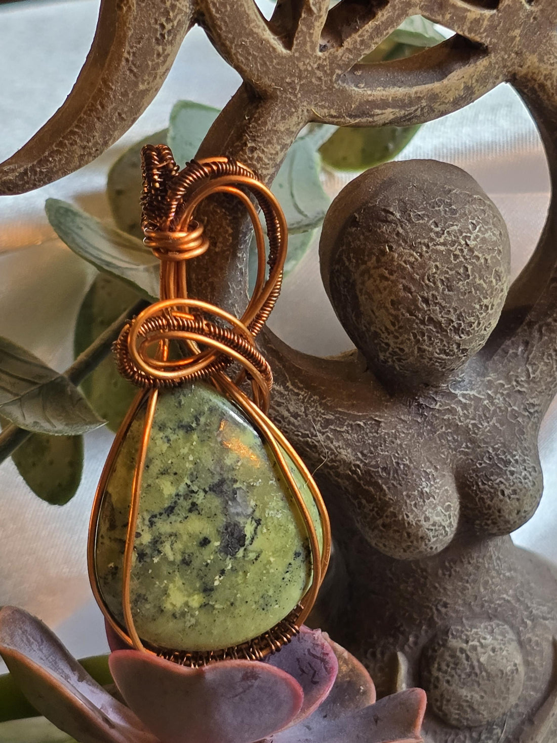 Hand-crafted Wire Wrapped Serpentine Crystal Pendant
