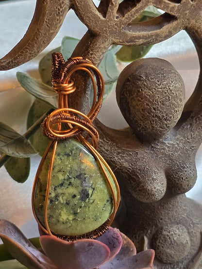 Hand-crafted Wire Wrapped Serpentine Crystal Pendant