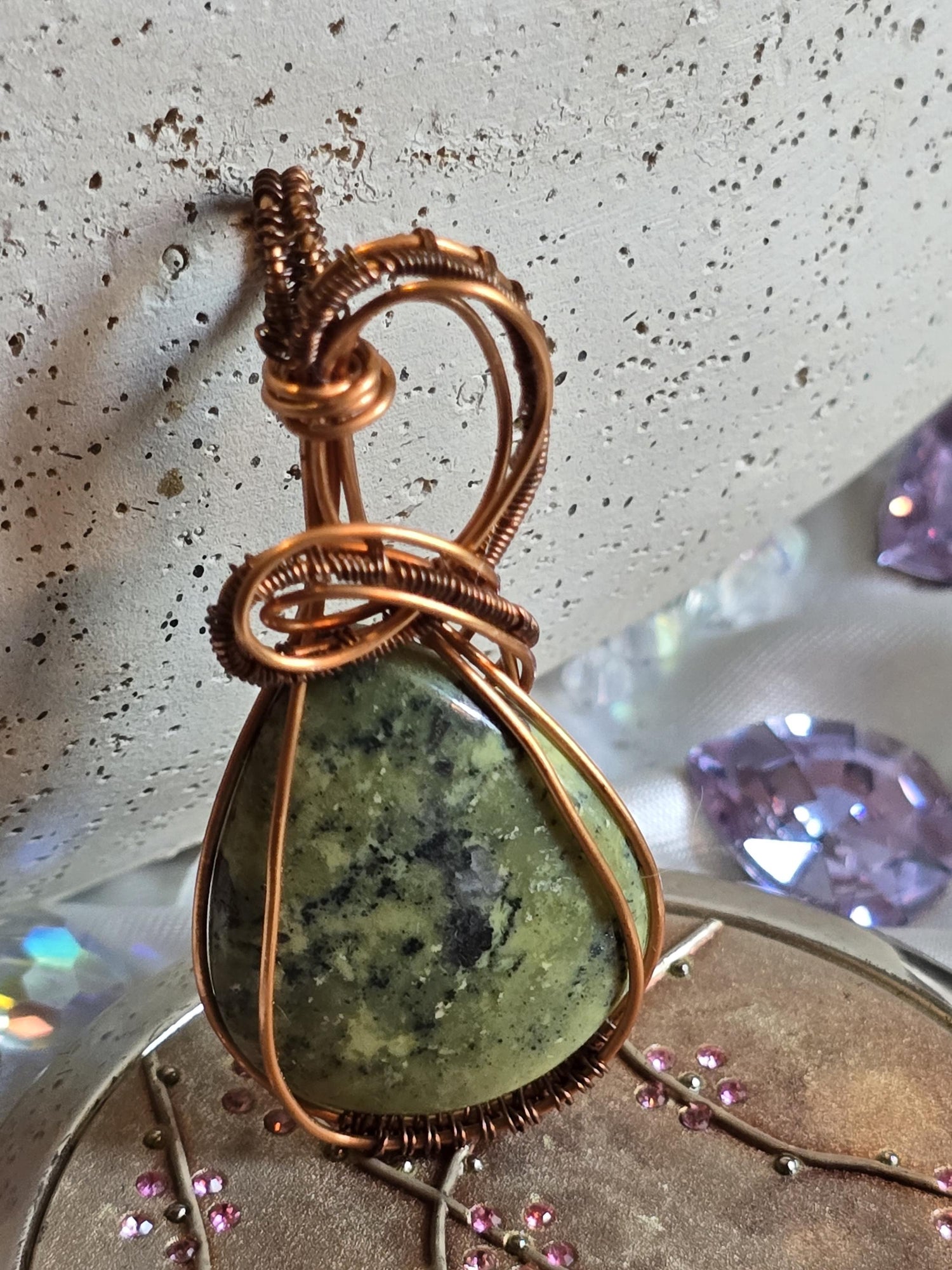 Hand-crafted Wire Wrapped Serpentine Crystal Pendant