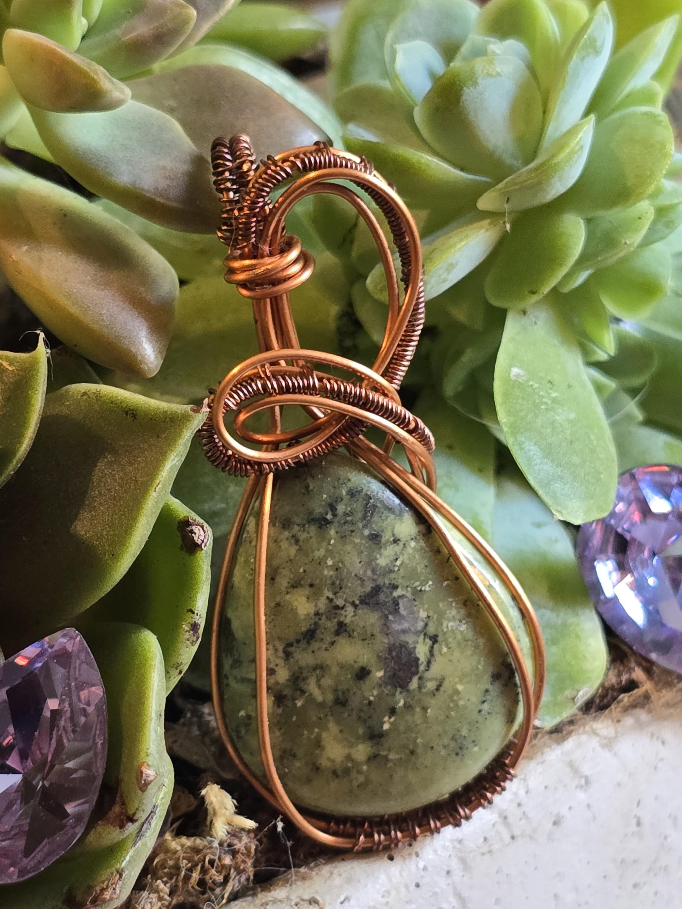 Hand-crafted Wire Wrapped Serpentine Crystal Pendant