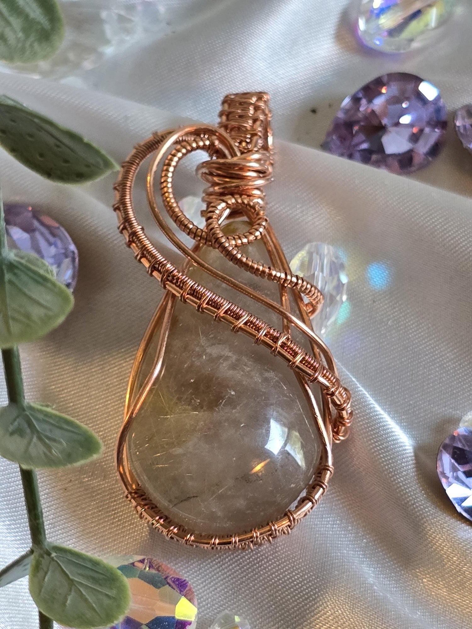 Hand-crafted Wire Wrapped Golden Rutilated Quartz Crystal Pendant