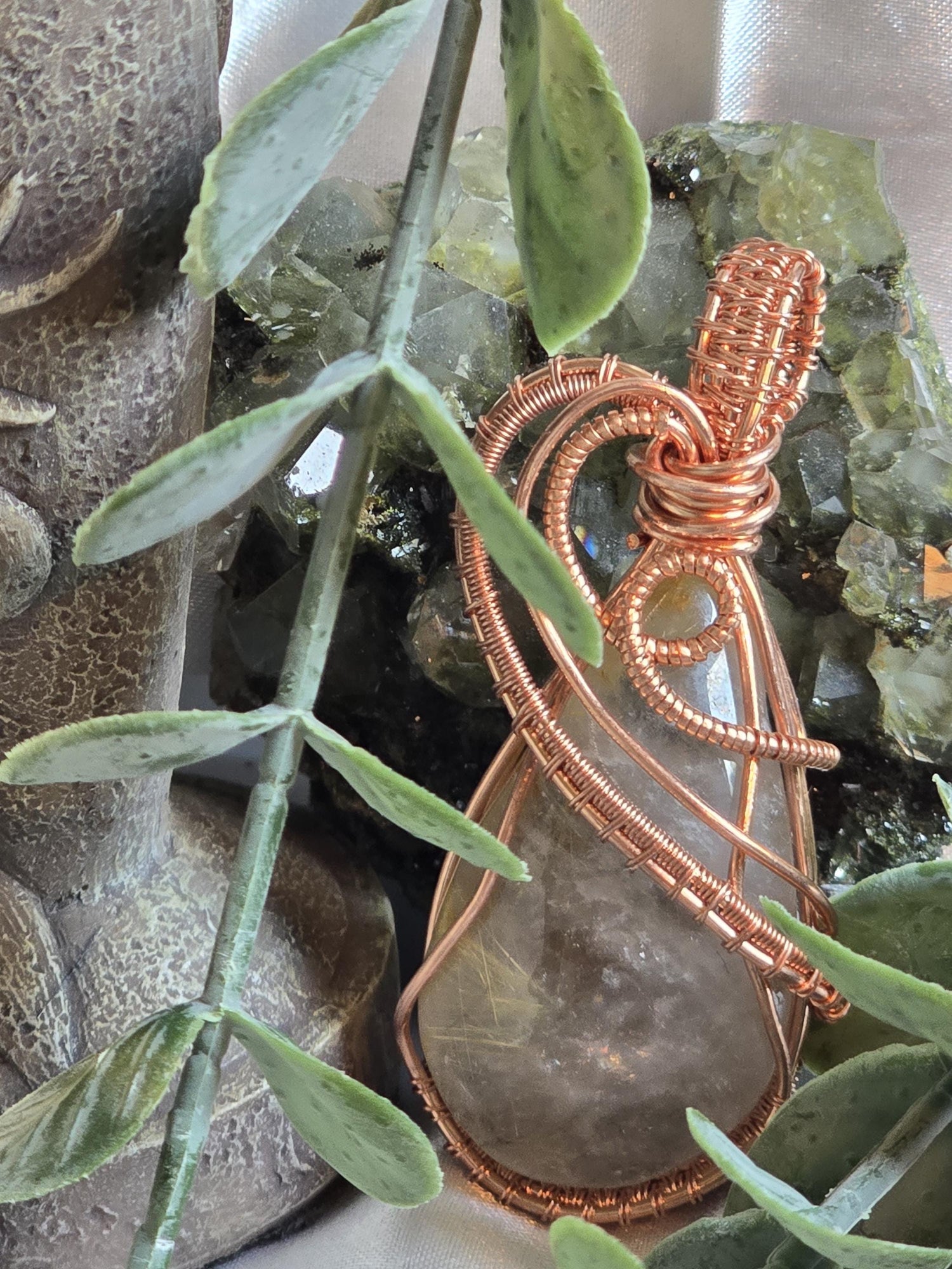 Hand-crafted Wire Wrapped Golden Rutilated Quartz Crystal Pendant
