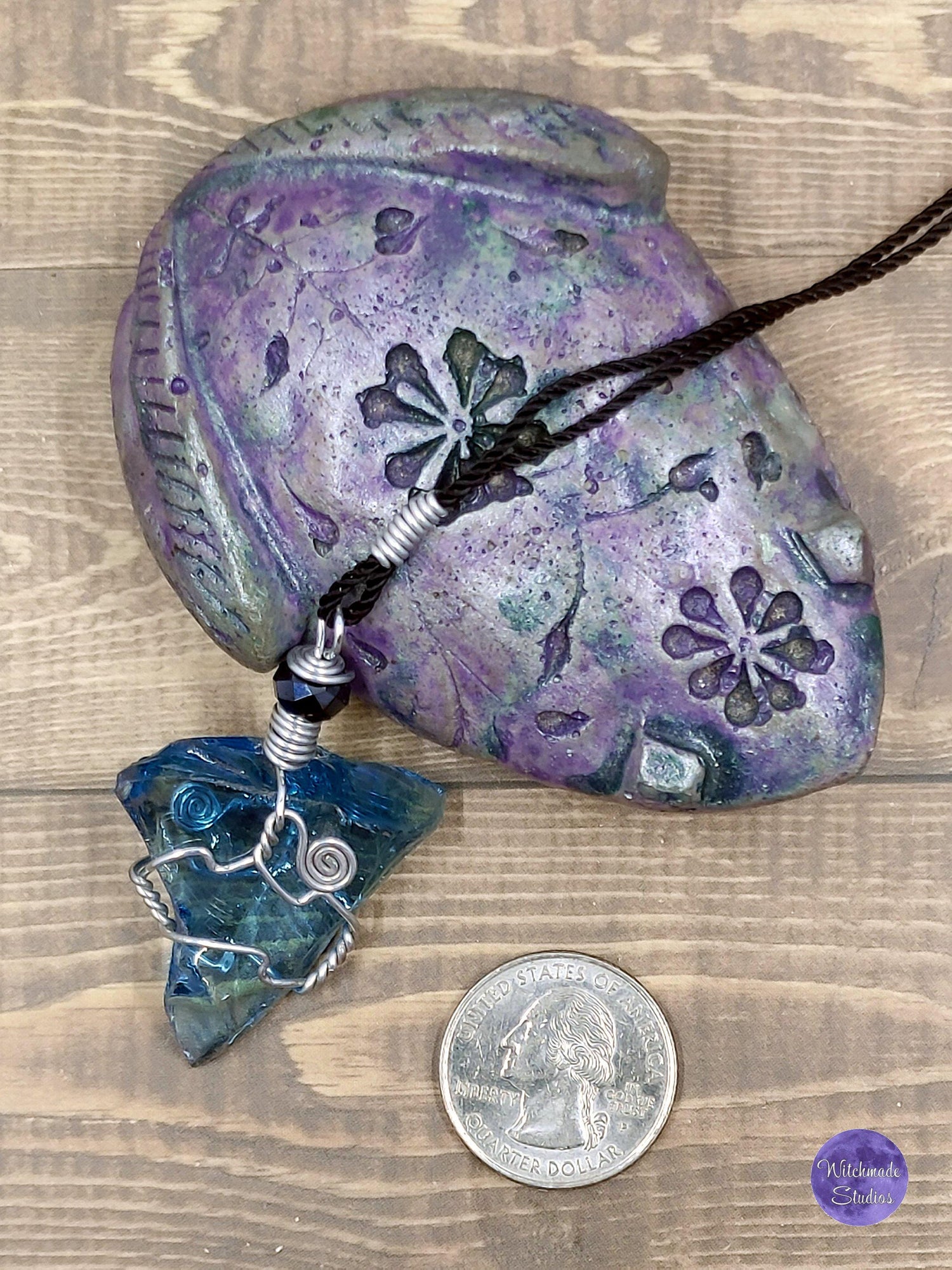 Aqua Blue Glass Wire Wrap Necklace, Copper Metaphysical Jewelry JN73