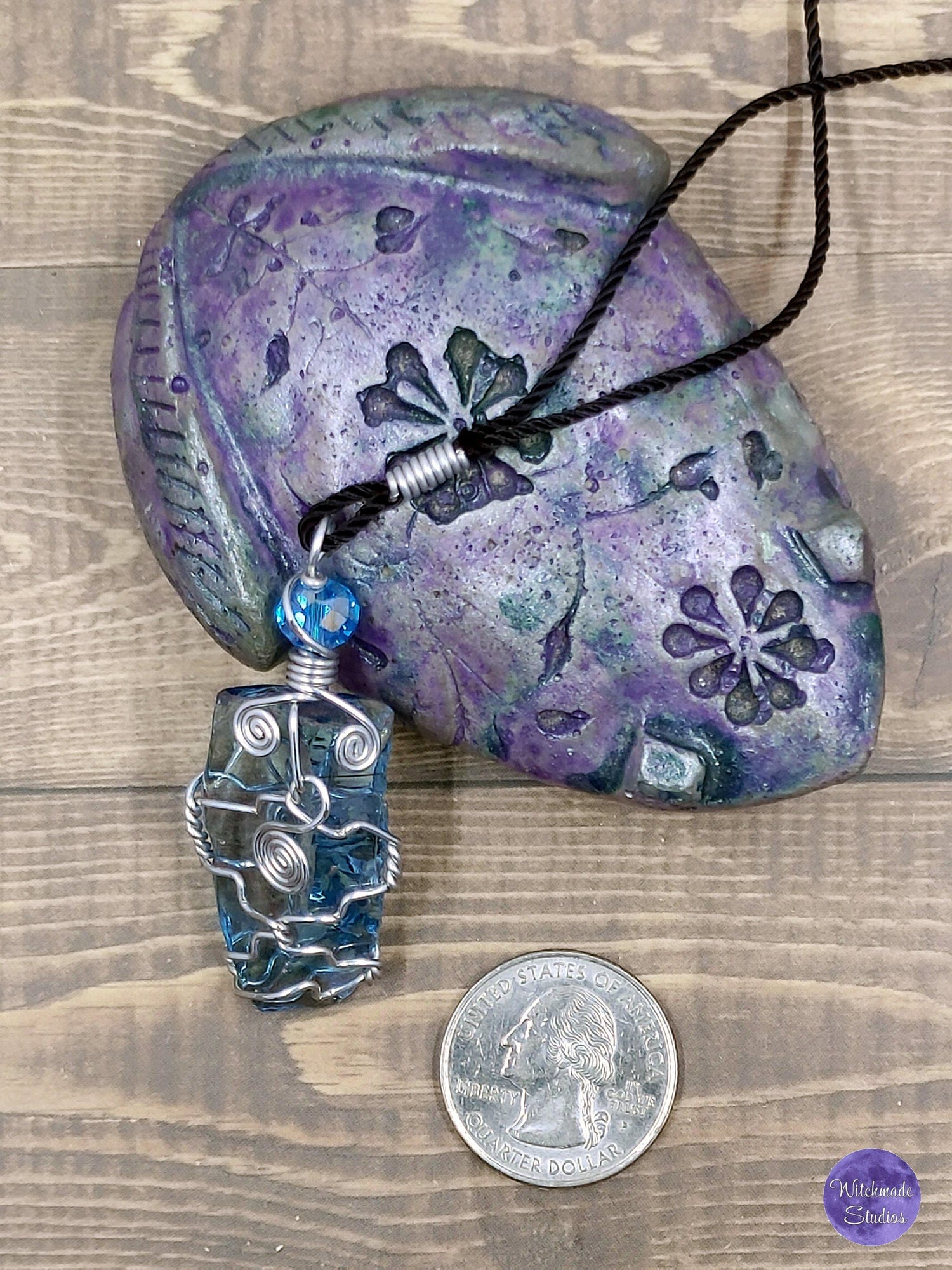 Aqua Blue Glass Wire Wrap Necklace, Copper Metaphysical Jewelry JN75