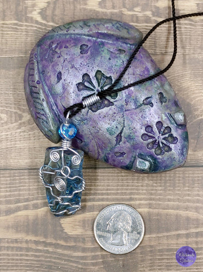 Aqua Blue Glass Wire Wrap Necklace, Copper Metaphysical Jewelry JN75