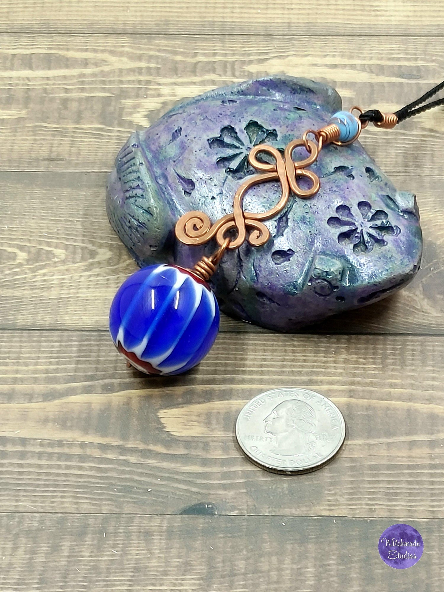Blue Glass Ball Wire Wrap Necklace, Copper Metaphysical Jewelry JN78