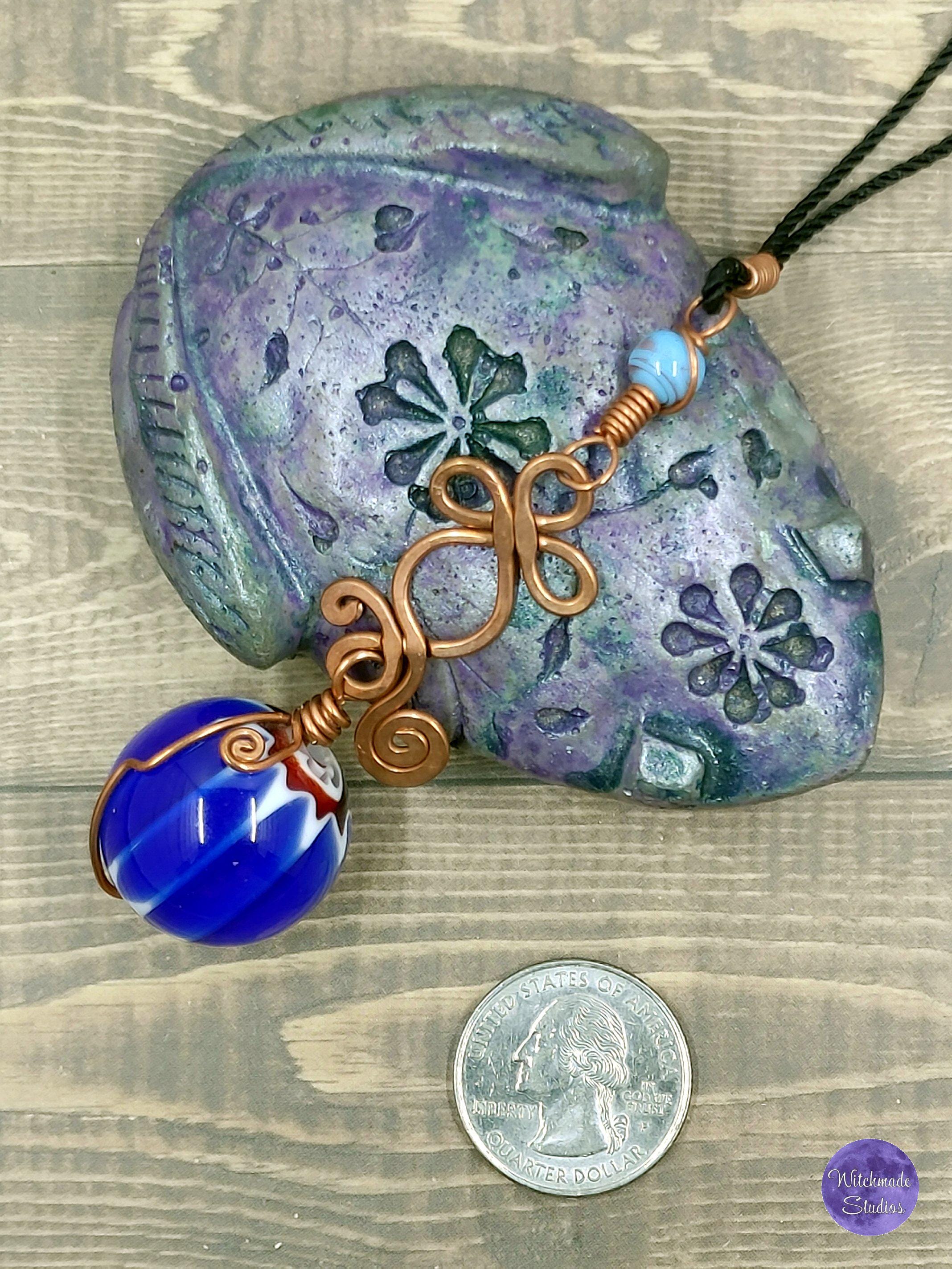 Blue Glass Ball Wire Wrap Necklace, Copper Metaphysical Jewelry JN78
