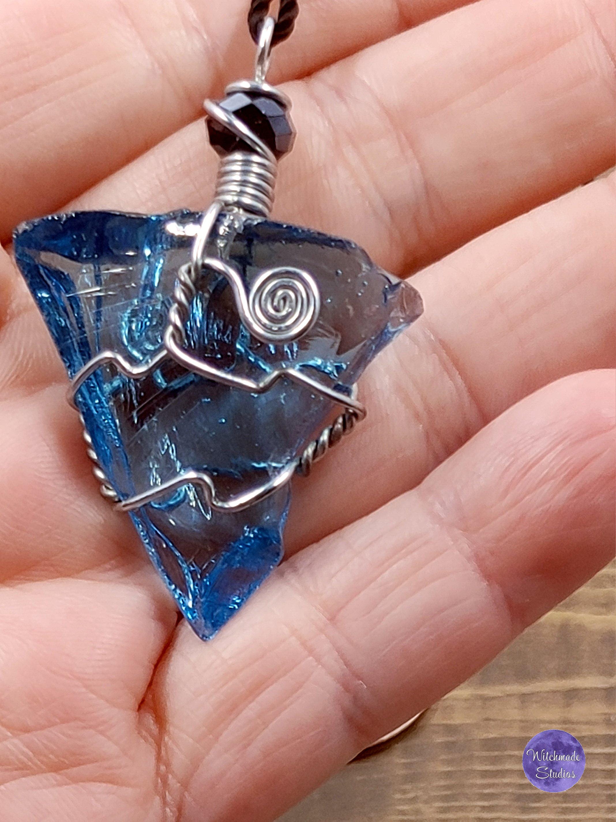 Aqua Blue Glass Wire Wrap Necklace, Copper Metaphysical Jewelry JN73