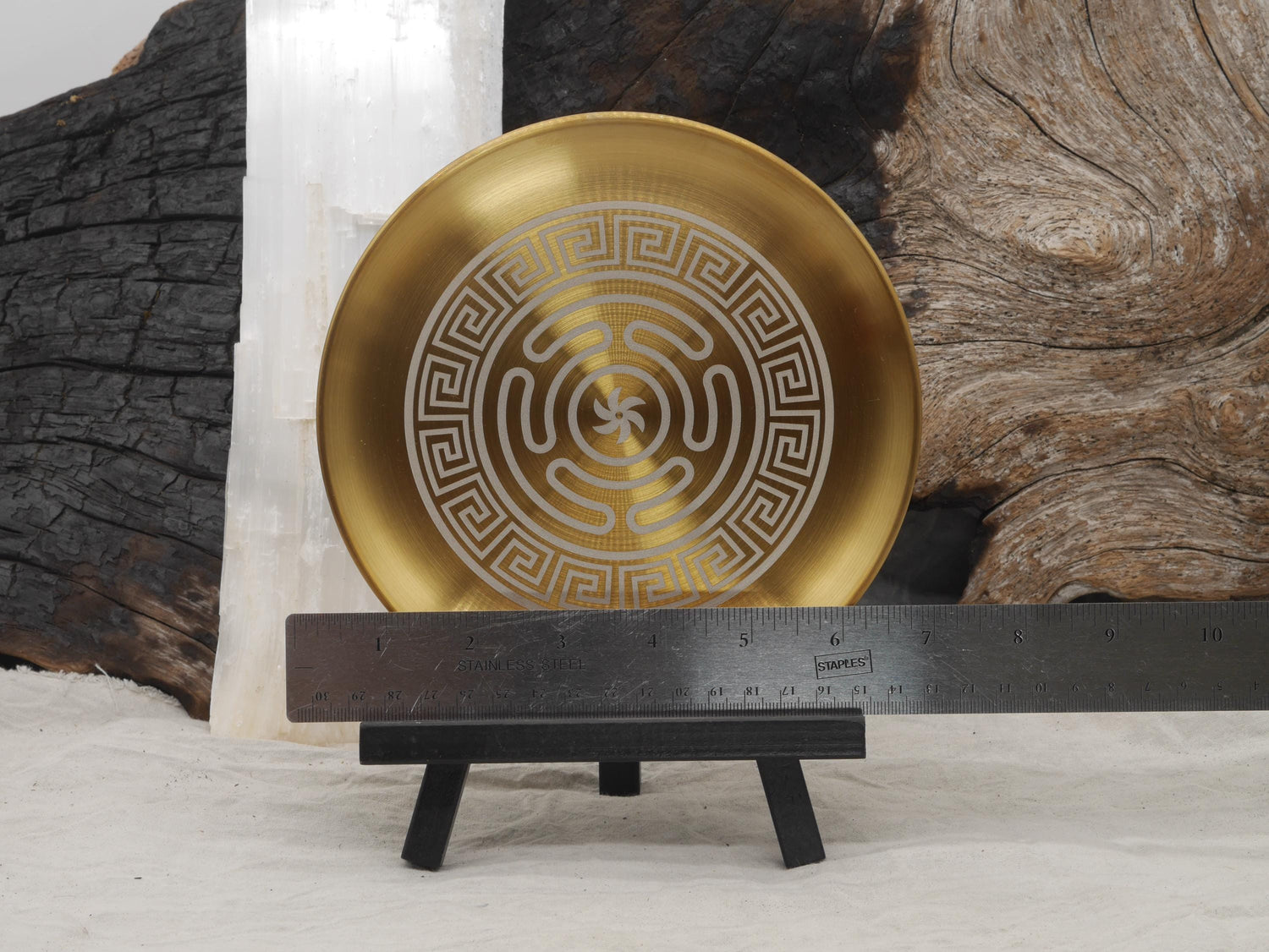 Gold Tone Strophalos of Hecate Altar Tray: Engraved Greek Key Stainless Steel