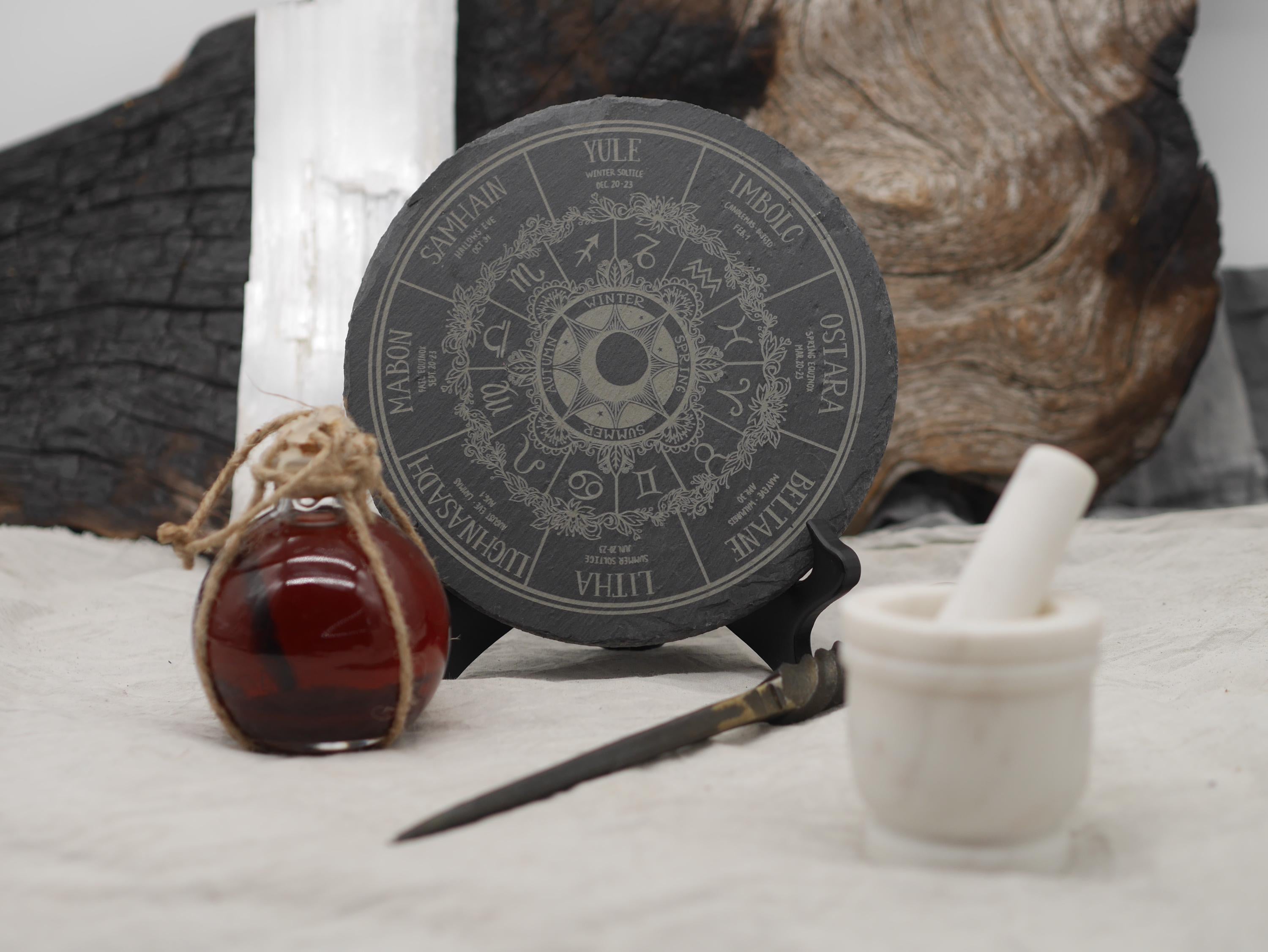 Engraved Slate Wheel of the Year Altar Tray: Wiccan Pagan Sabbats