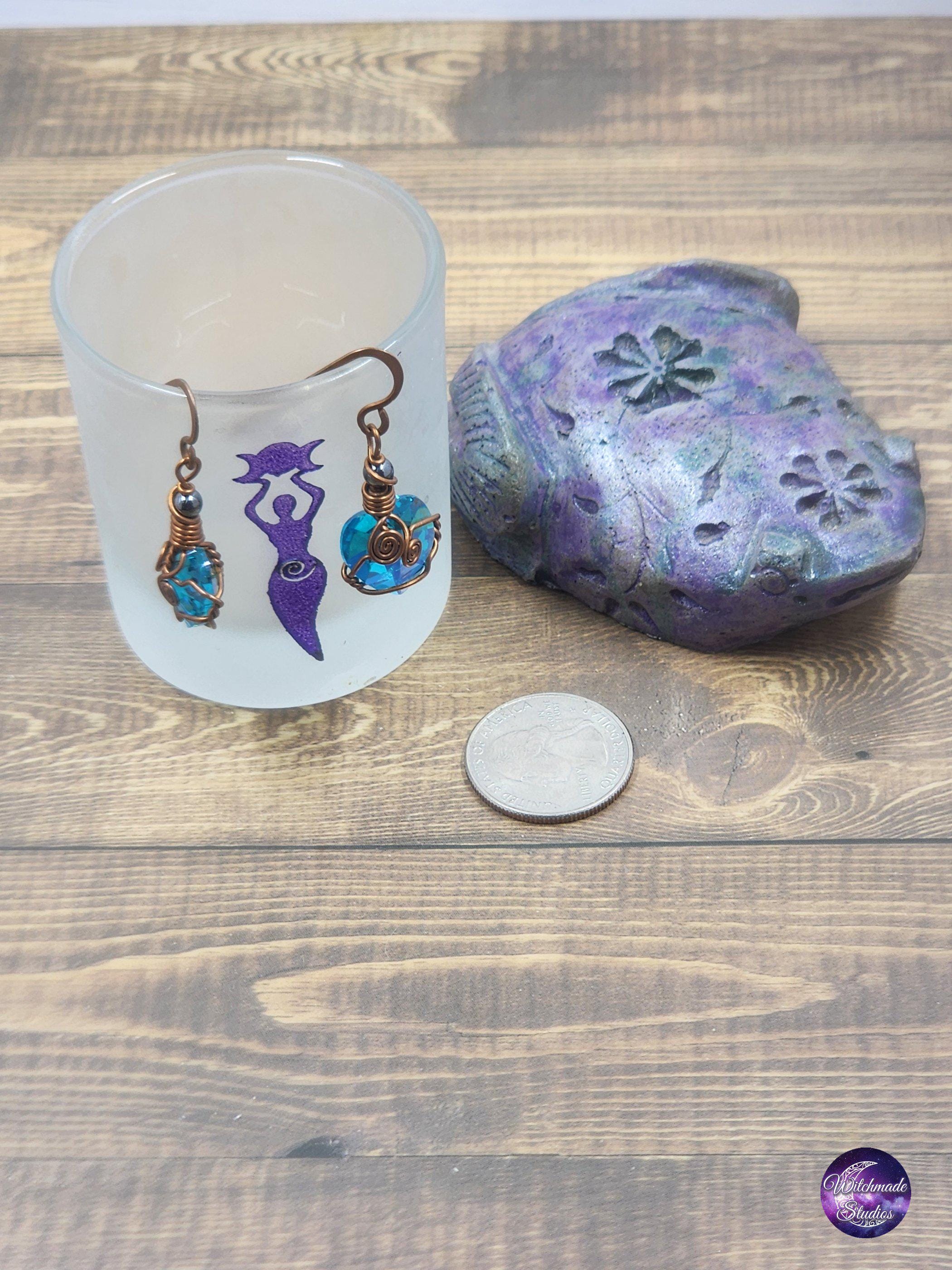 Blue Glass Heart Wire Wrap Earrings, Copper Metaphysical Jewelry JE116