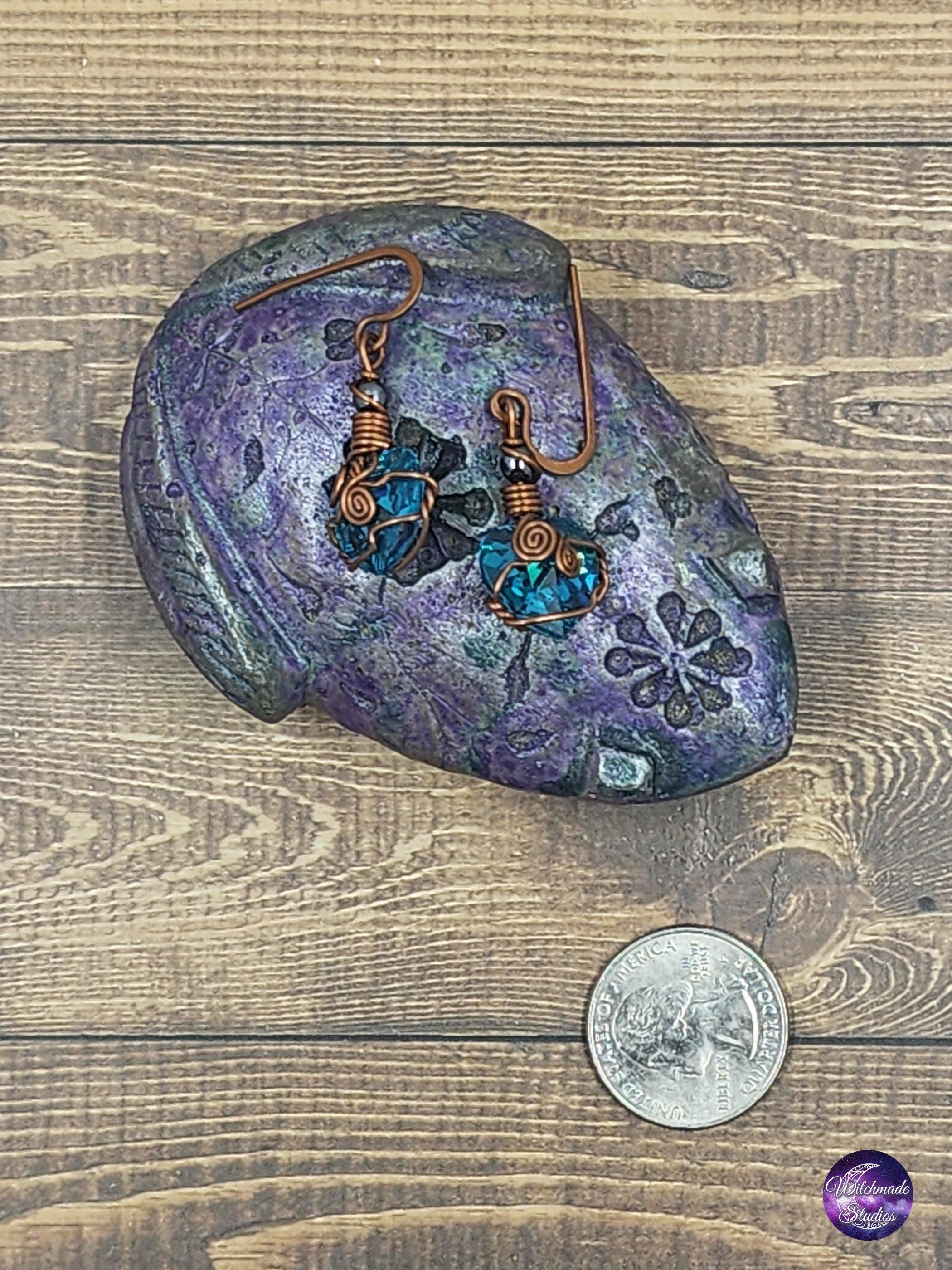 Blue Glass Heart Wire Wrap Earrings, Copper Metaphysical Jewelry JE116