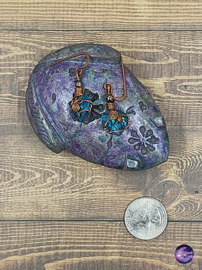 Blue Glass Heart Wire Wrap Earrings, Copper Metaphysical Jewelry JE116