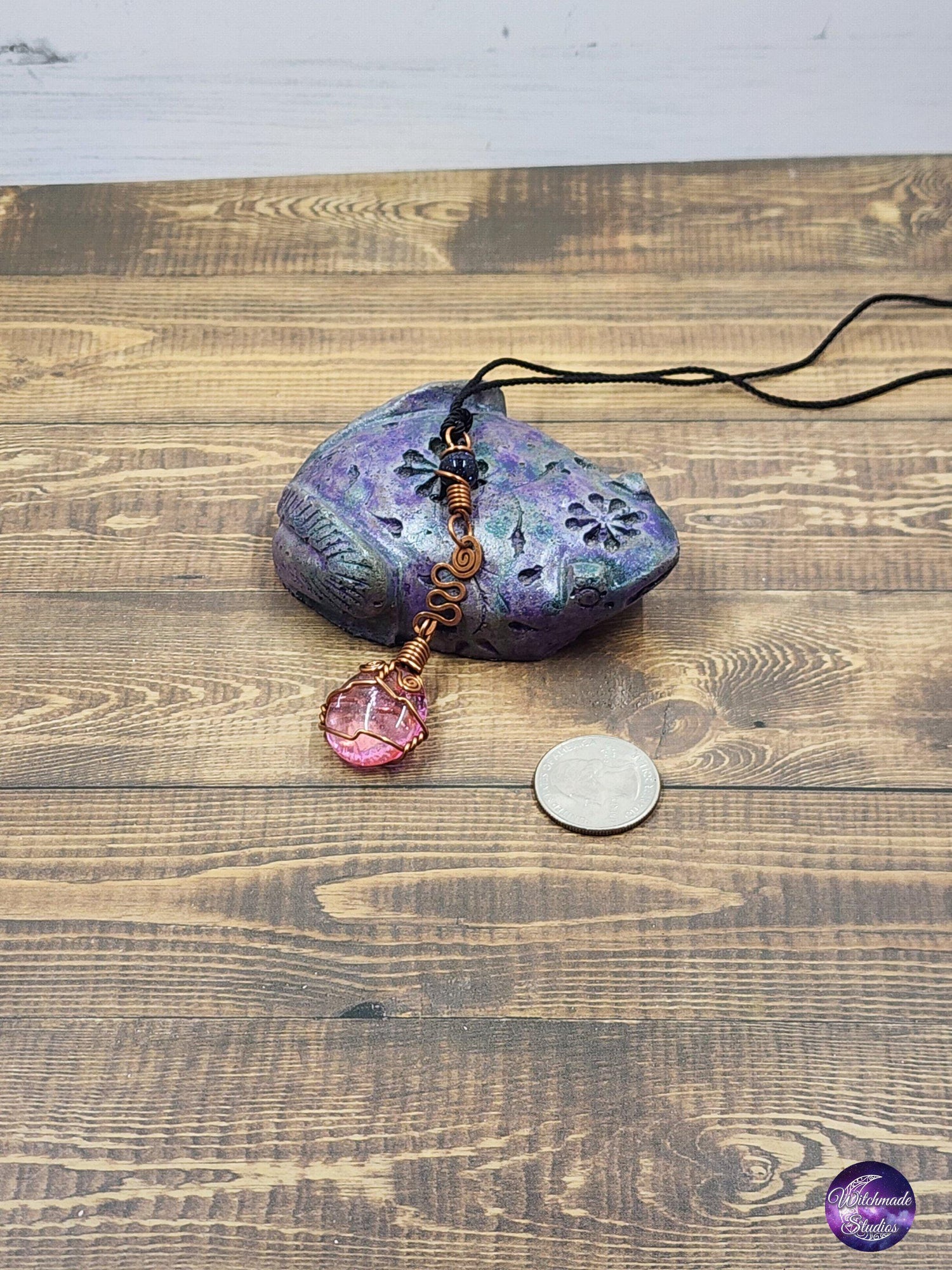 Pink Pebble Wire Wrap Pendant, Copper Metaphysical Jewelry JN103