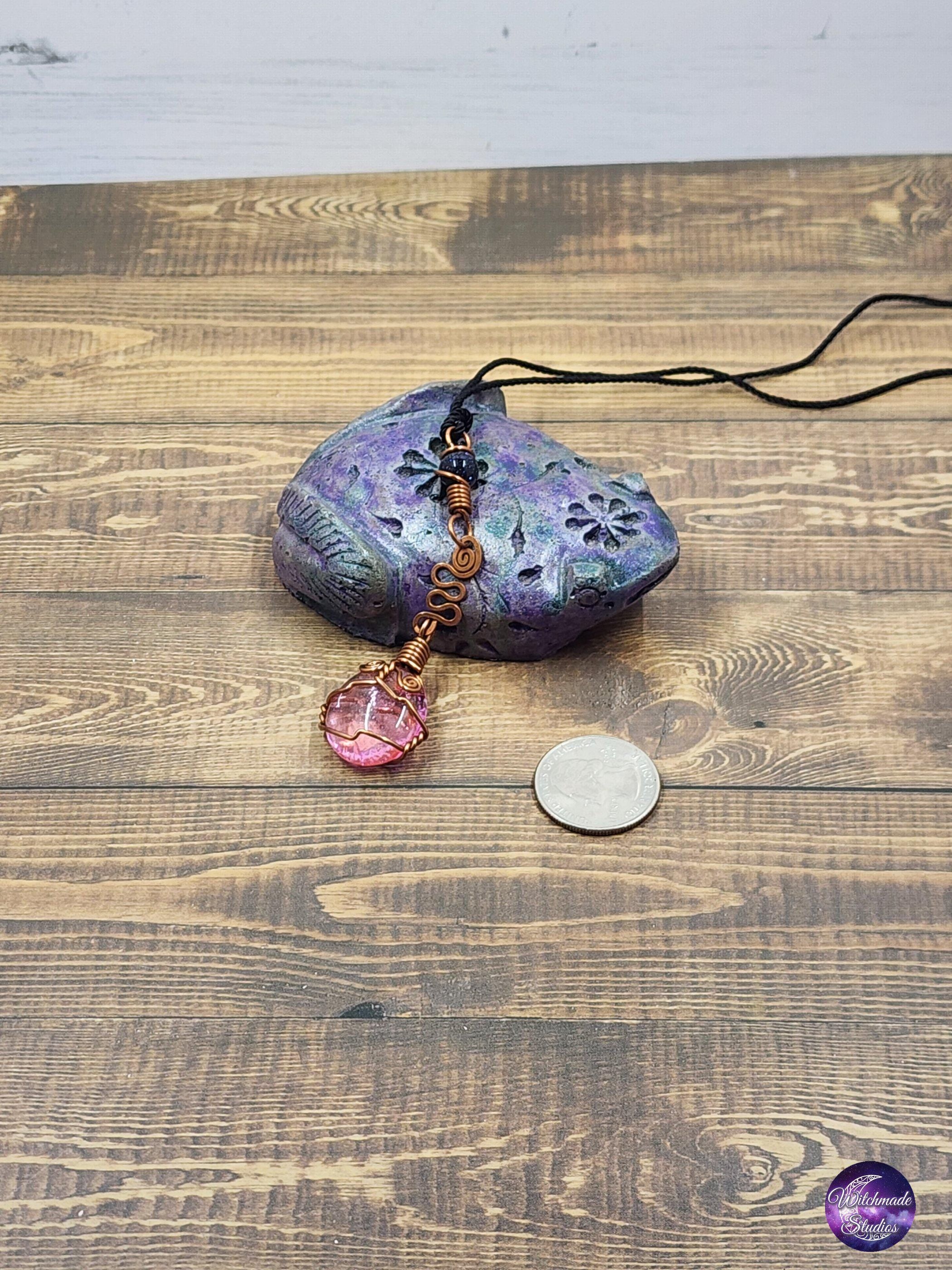Pink Pebble Wire Wrap Pendant, Copper Metaphysical Jewelry JN103