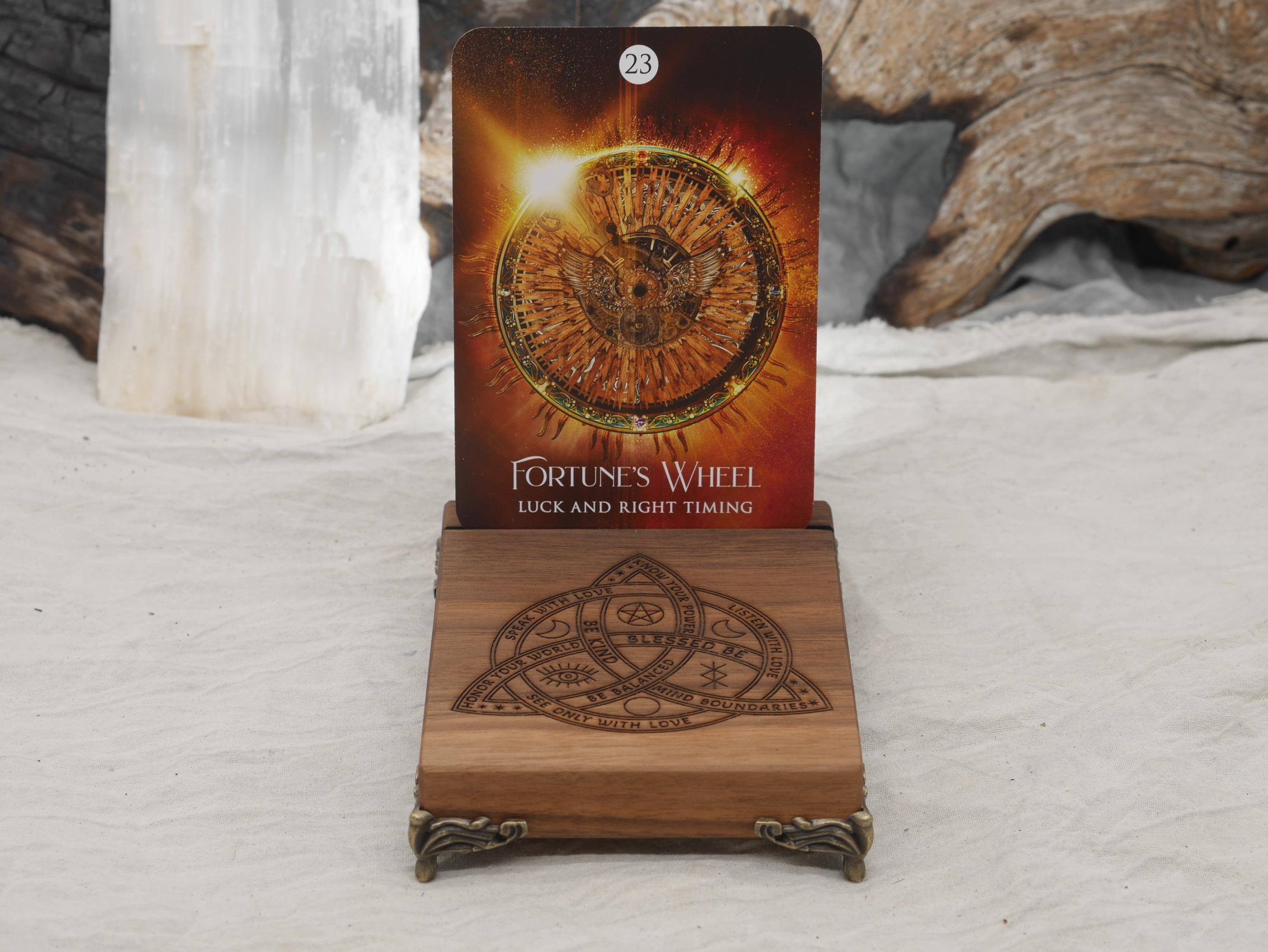 Walnut Tarot Card Holder with Bronze Feet - Triquetra Design