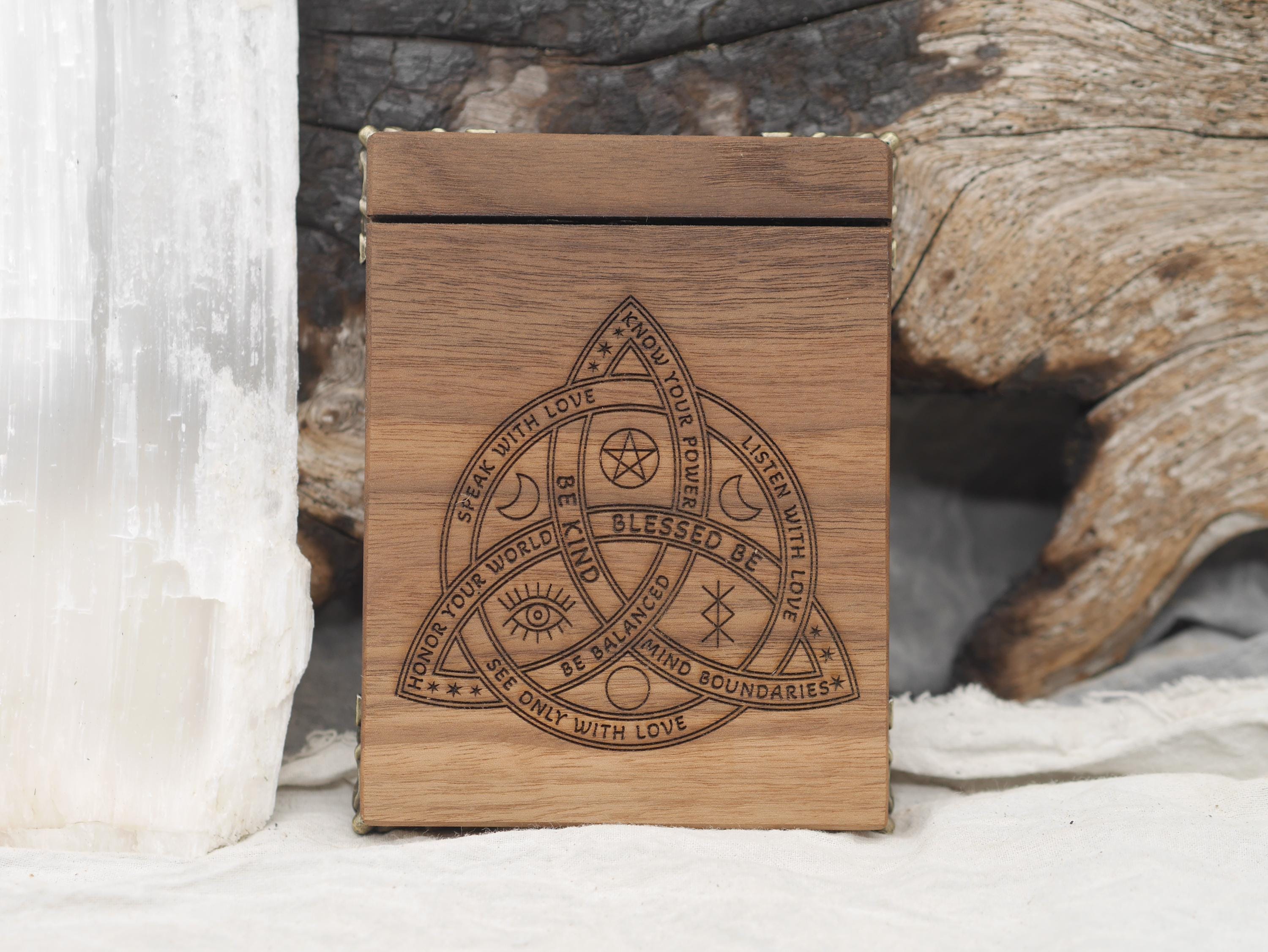 Walnut Tarot Card Holder with Bronze Feet - Triquetra Design