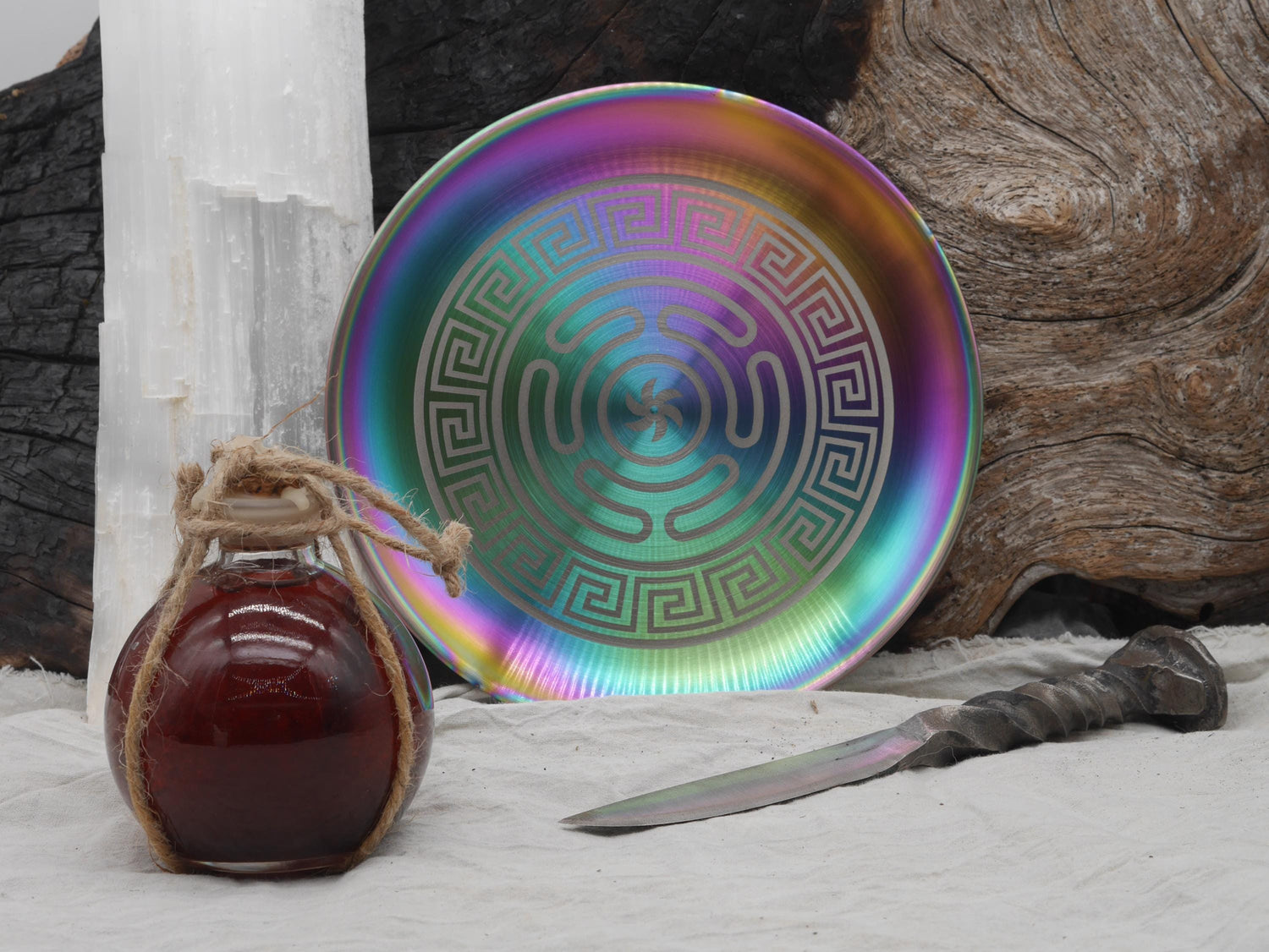 Strophalos of Hecate Altar Tray: Rainbow Stainless Steel Offering Plate