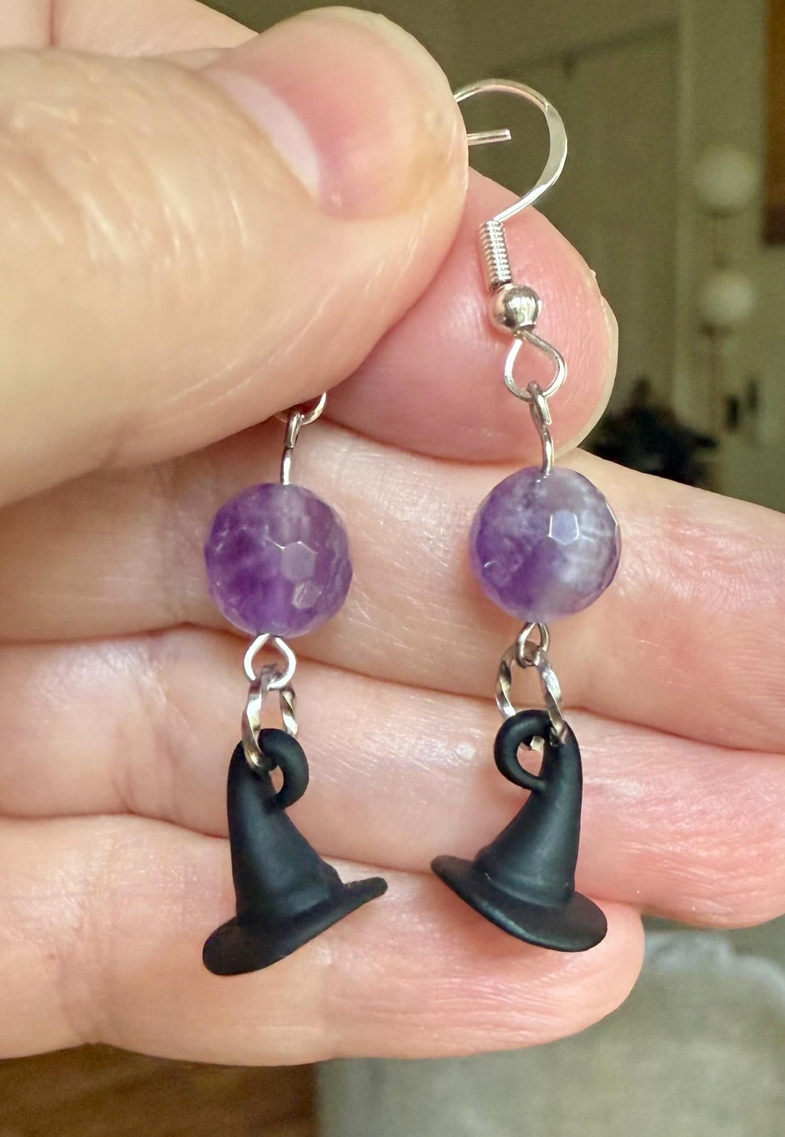 Black Witch Hat Amethyst Dangle Earrings: Halloween Witchy Jewelry