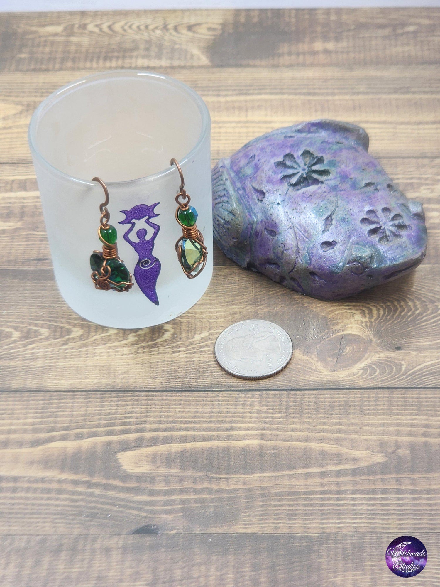 Green Glass Heart Wire Wrap Earrings, Copper Metaphysical Jewelry JE115