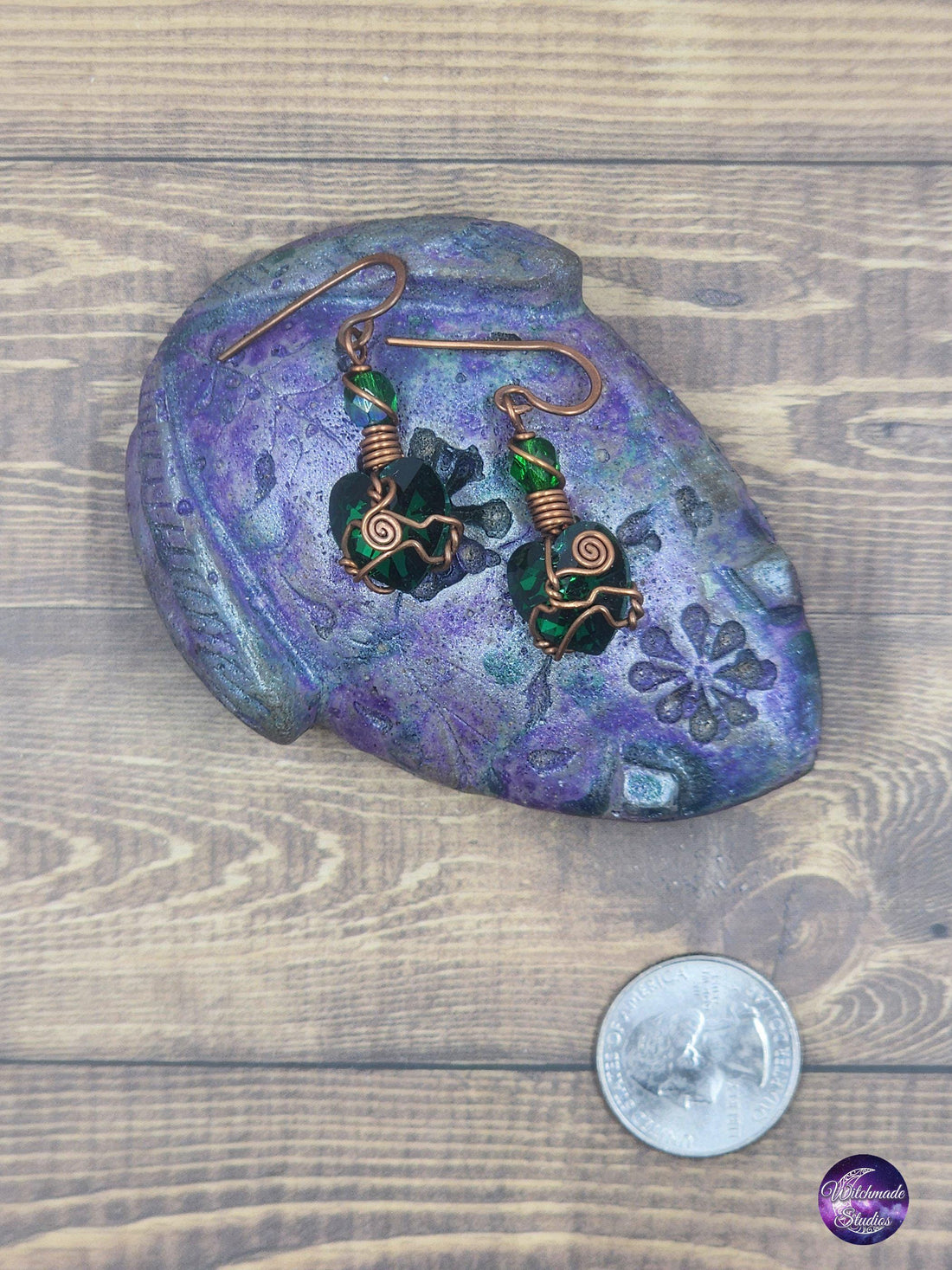 Green Glass Heart Wire Wrap Earrings, Copper Metaphysical Jewelry JE115