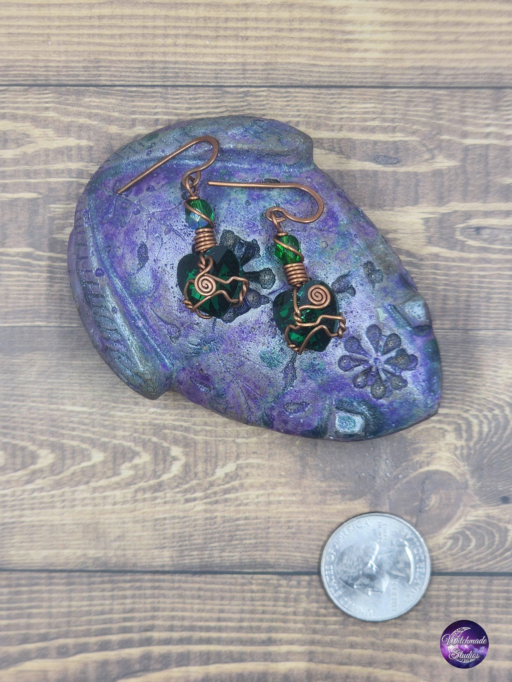 Green Glass Heart Wire Wrap Earrings, Copper Metaphysical Jewelry JE115
