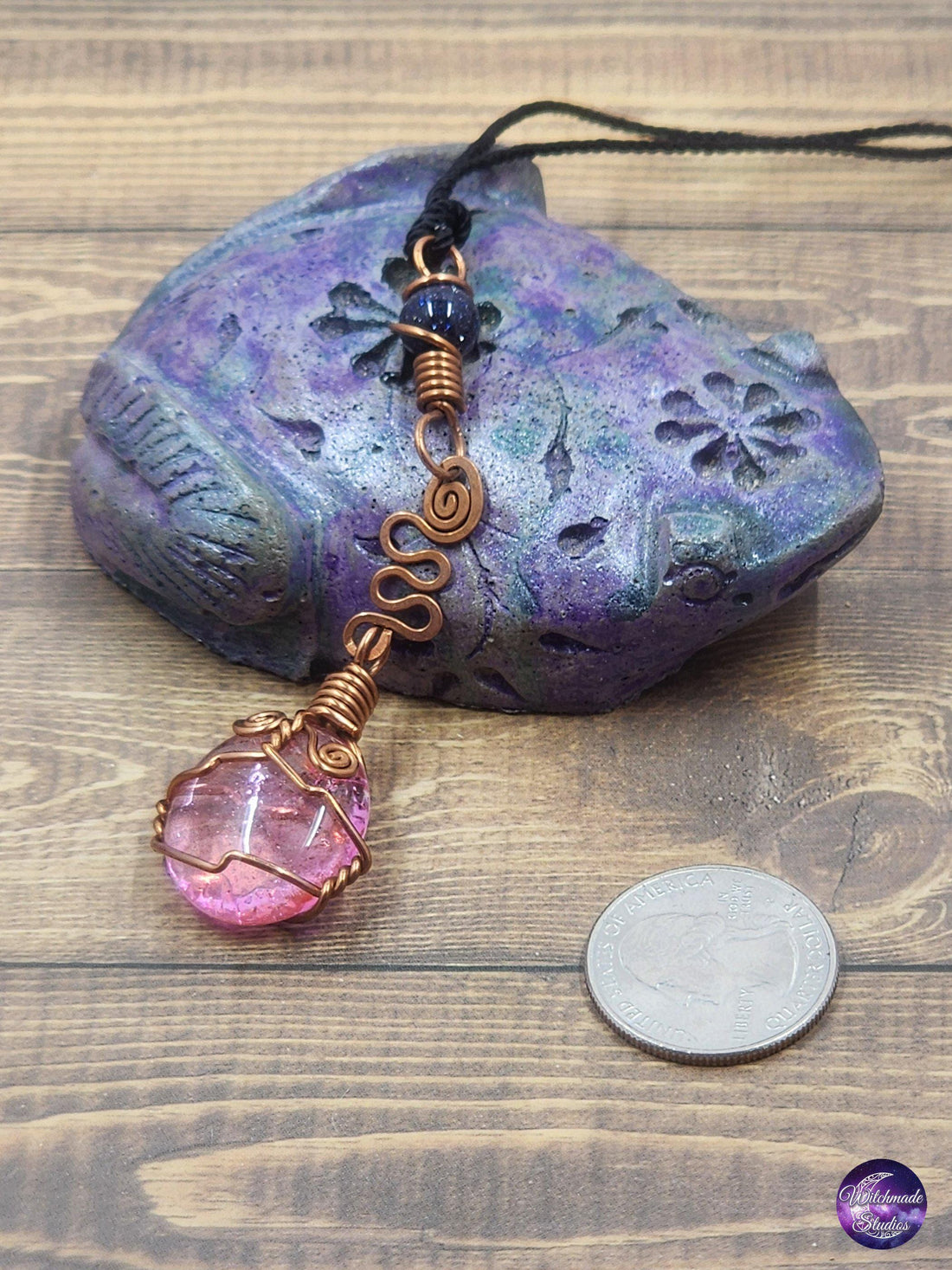 Pink Pebble Wire Wrap Pendant, Copper Metaphysical Jewelry JN103