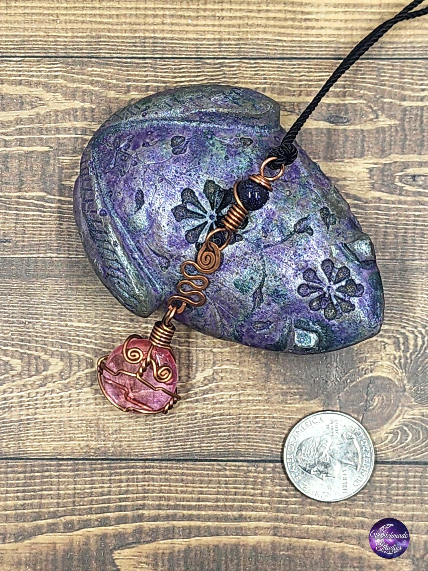 Pink Pebble Wire Wrap Pendant, Copper Metaphysical Jewelry JN103