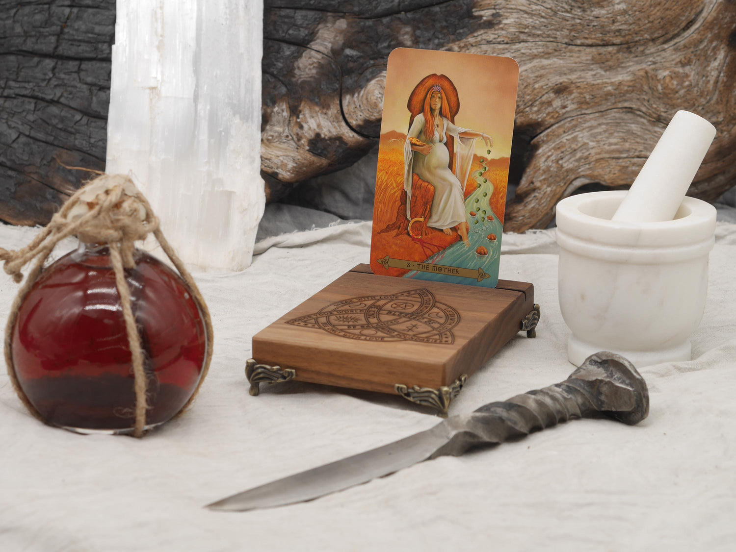 Walnut Tarot Card Holder with Bronze Feet - Triquetra Design