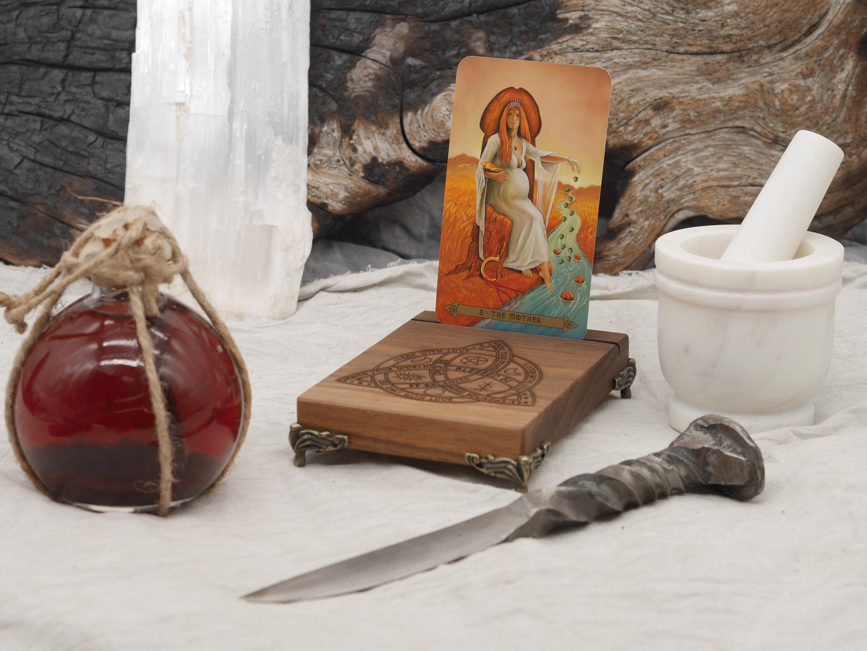 Walnut Tarot Card Holder with Bronze Feet - Triquetra Design