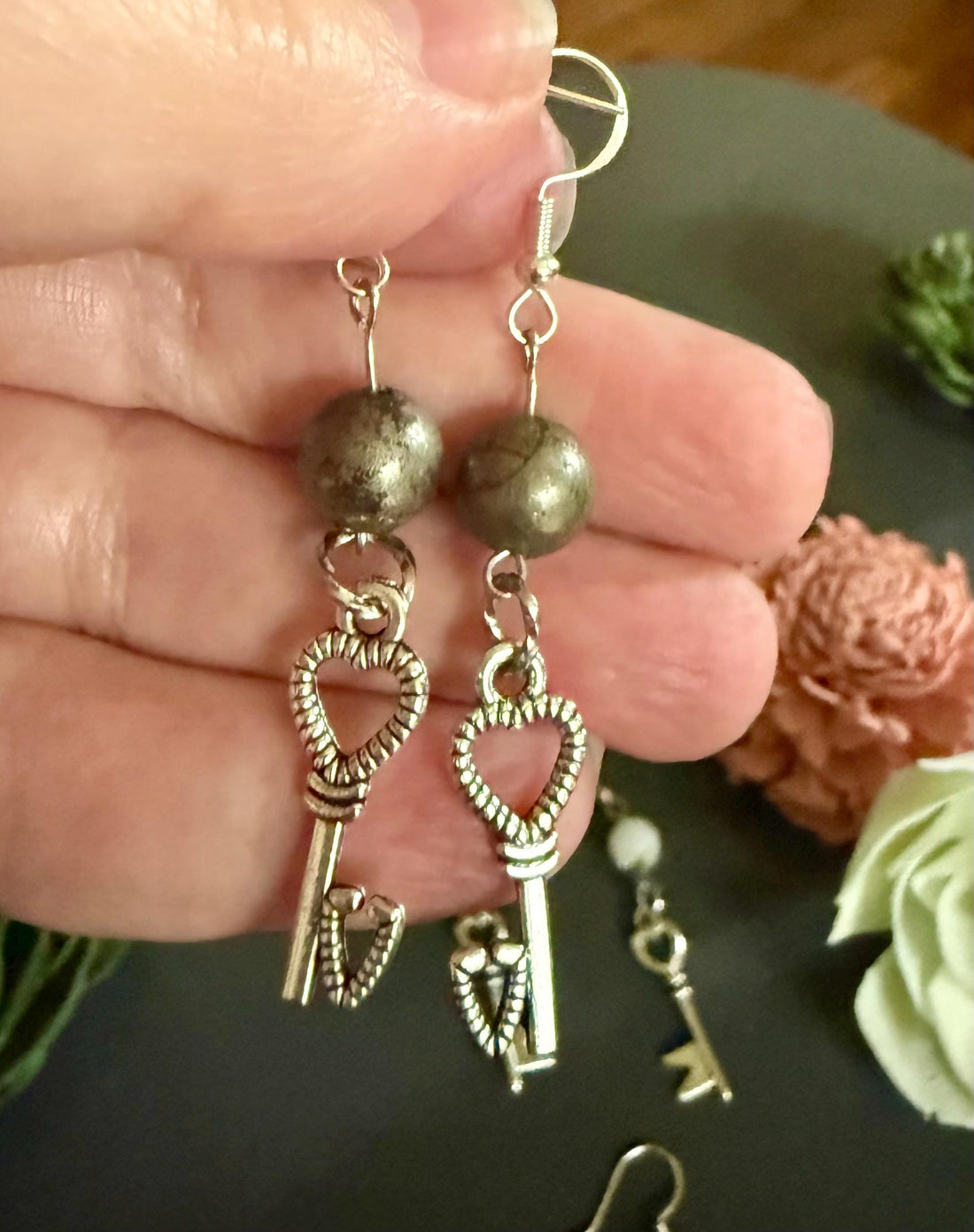 Heart Key Charm Gemstone Earrings with Burnished Copper Beads.