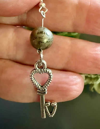 Heart Key Charm Gemstone Earrings with Burnished Copper Beads.
