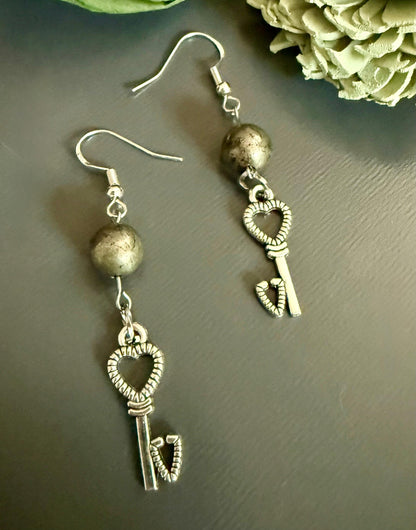 Heart Key Charm Gemstone Earrings with Burnished Copper Beads.