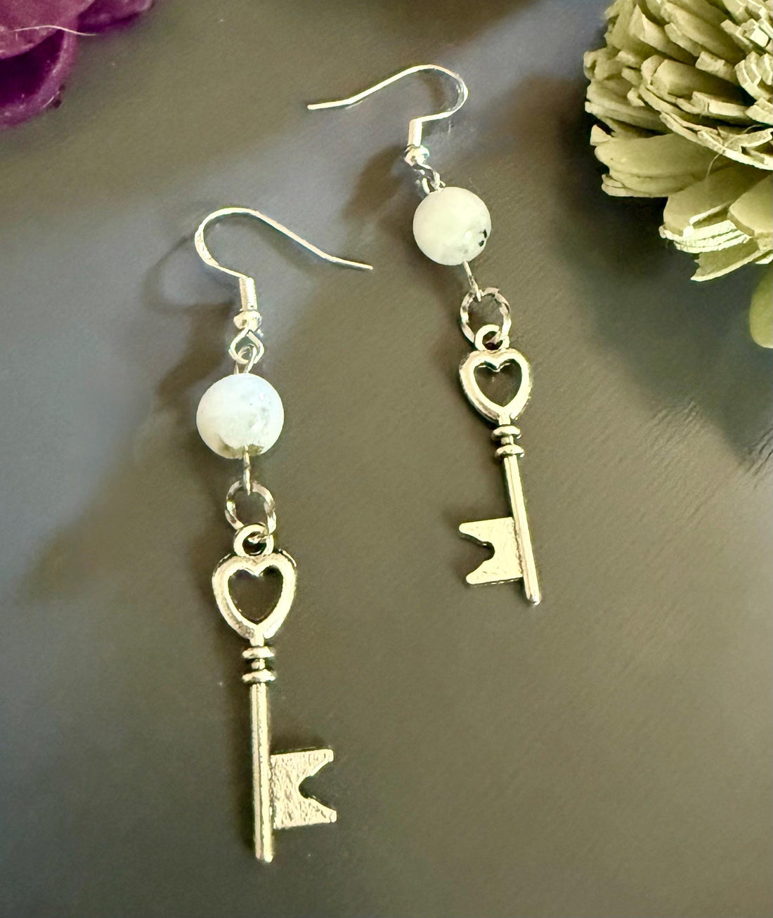 Heart Key Charm Gemstone Earrings with Moonstone Beads.