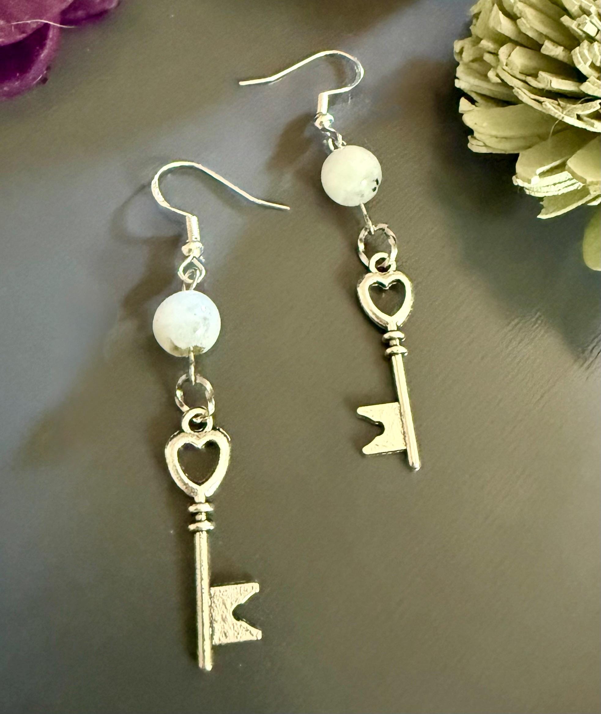 Heart Key Charm Gemstone Earrings with Moonstone Beads.