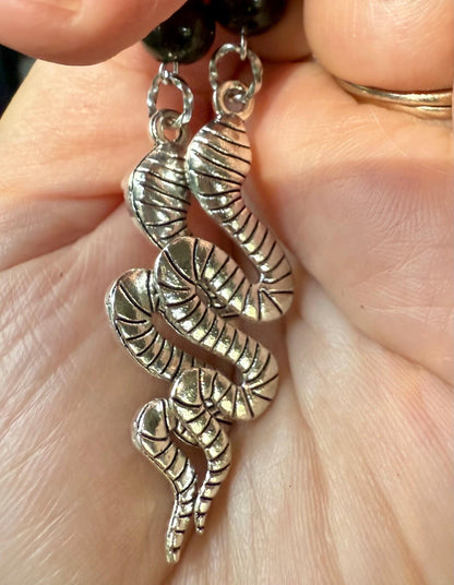 Medusa Silver Serpent Earrings with Shimmery Green Goldstone Gemstone.