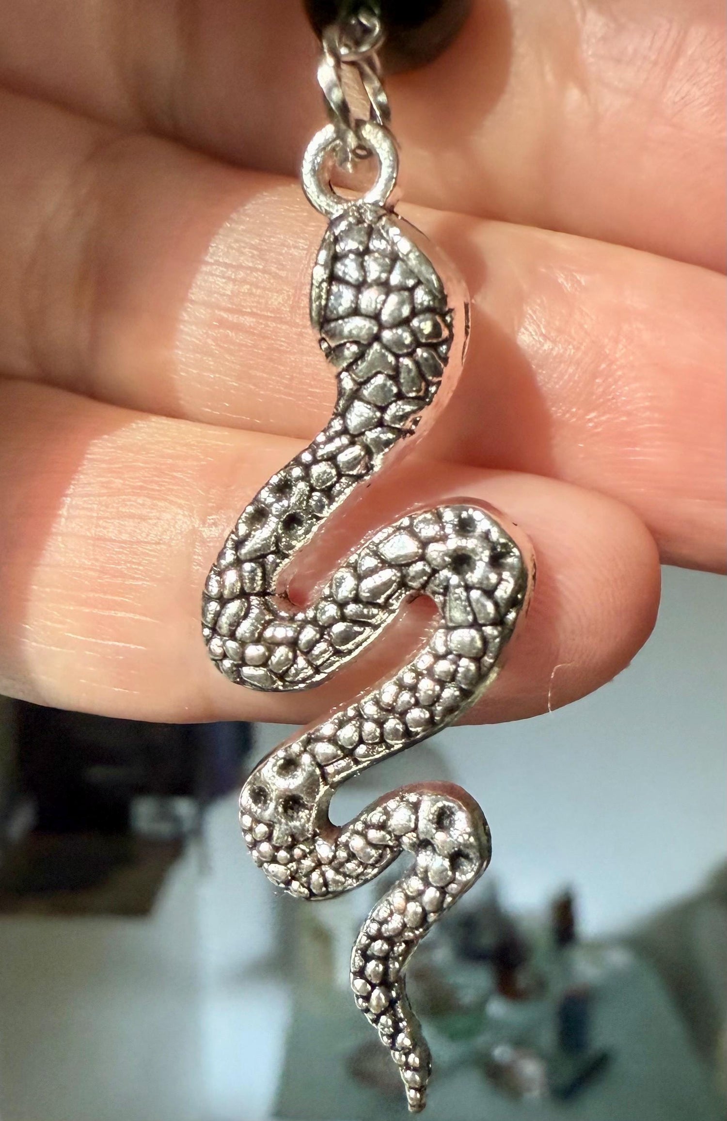 Medusa Silver Serpent Earrings with Shimmery Green Goldstone Gemstone.