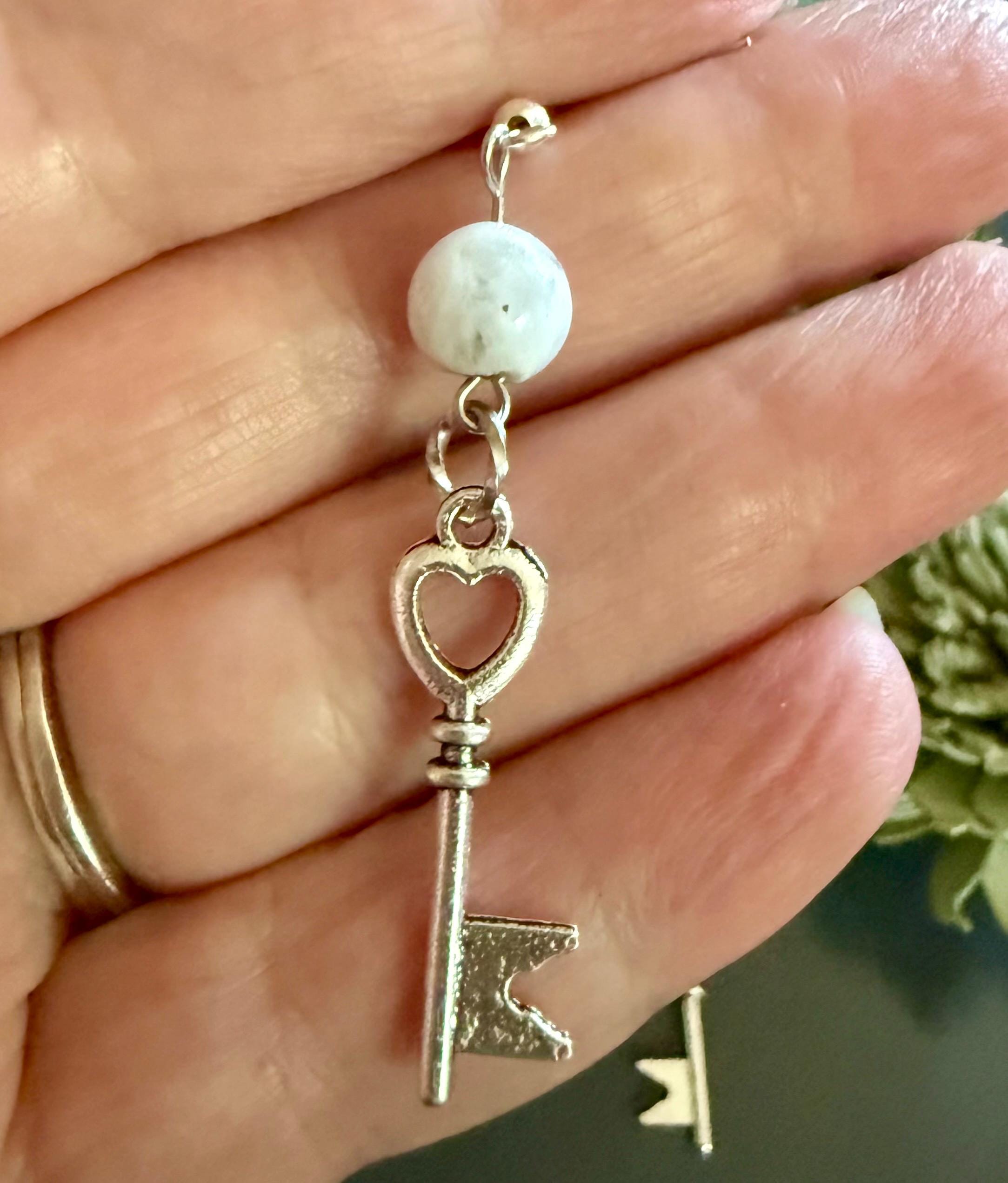 Heart Key Charm Gemstone Earrings with Moonstone Beads.